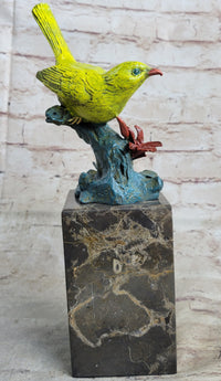 Bronze Colorful Yellow Finch Songbird Sculpture Marble Base