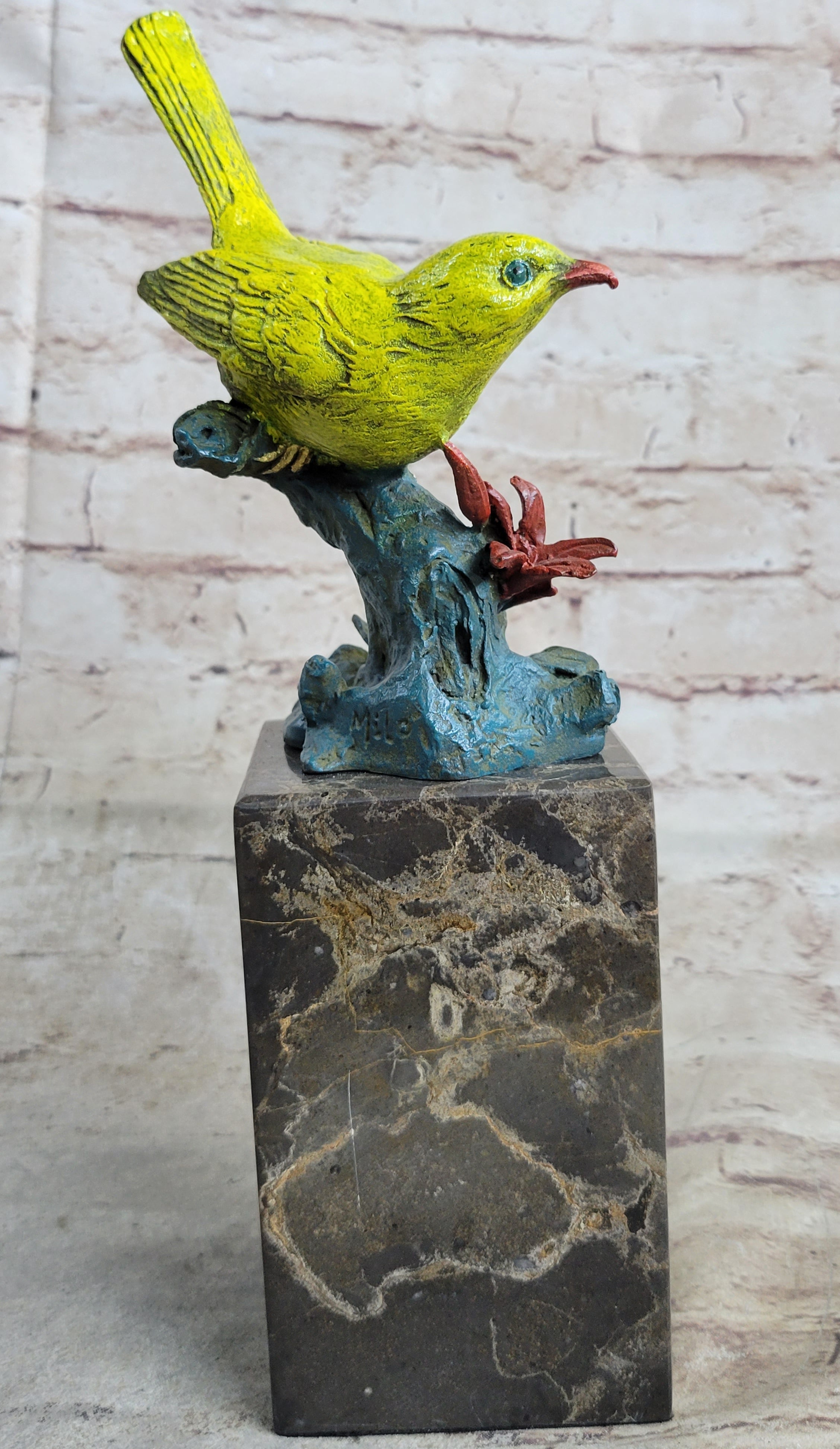 Bronze Colorful Yellow Finch Songbird Sculpture Marble Base