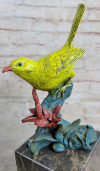 Bronze Colorful Yellow Finch Songbird Sculpture Marble Base