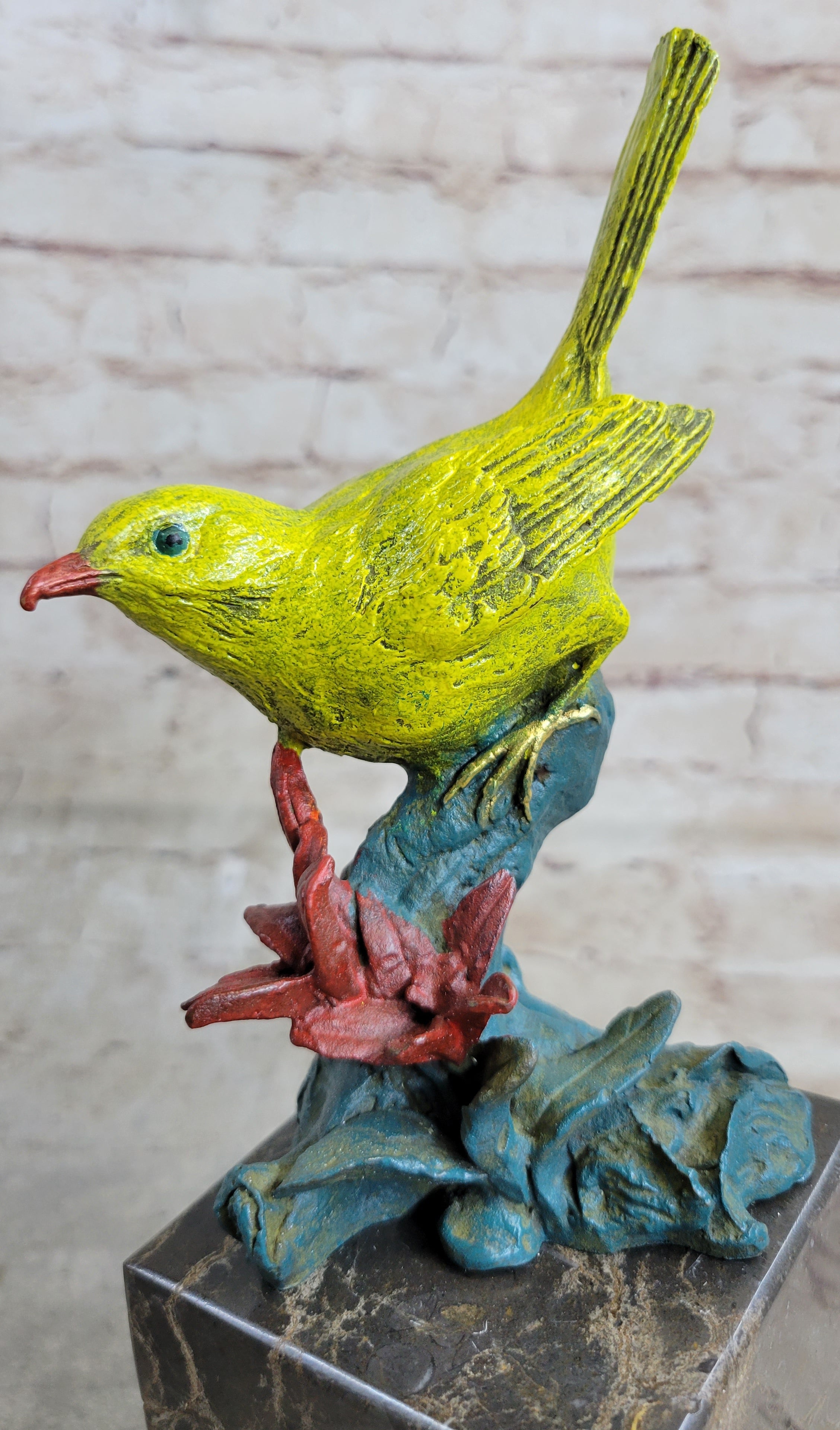 Bronze Colorful Yellow Finch Songbird Sculpture Marble Base