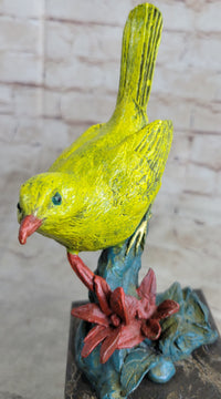 Bronze Colorful Yellow Finch Songbird Sculpture Marble Base