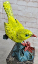Bronze Colorful Yellow Finch Songbird Sculpture Marble Base