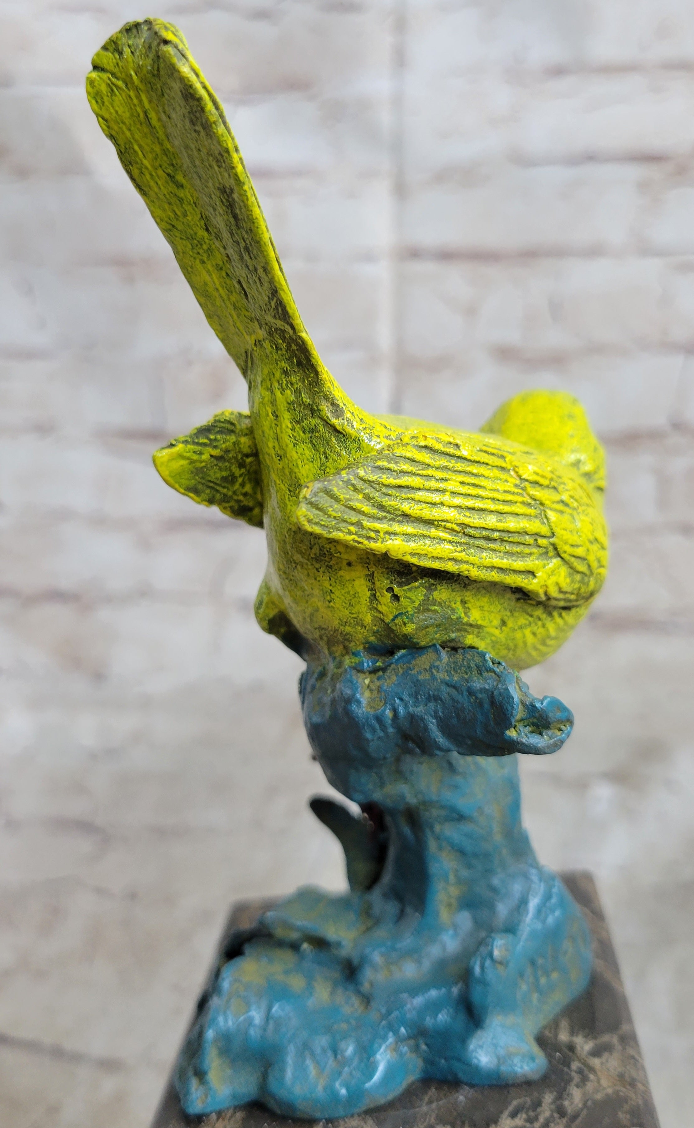 Bronze Colorful Yellow Finch Songbird Sculpture Marble Base