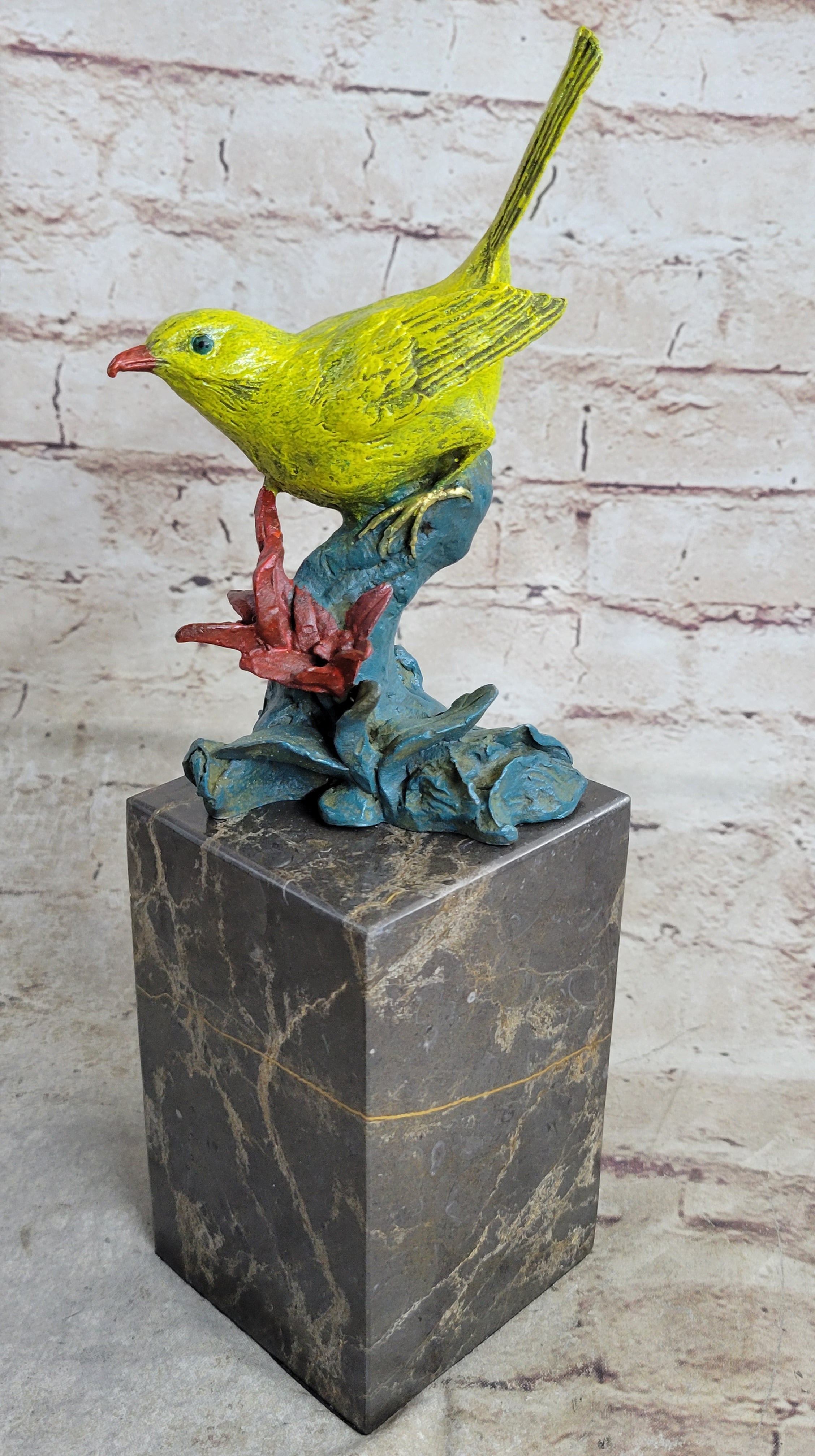 Bronze Colorful Yellow Finch Songbird Sculpture Marble Base