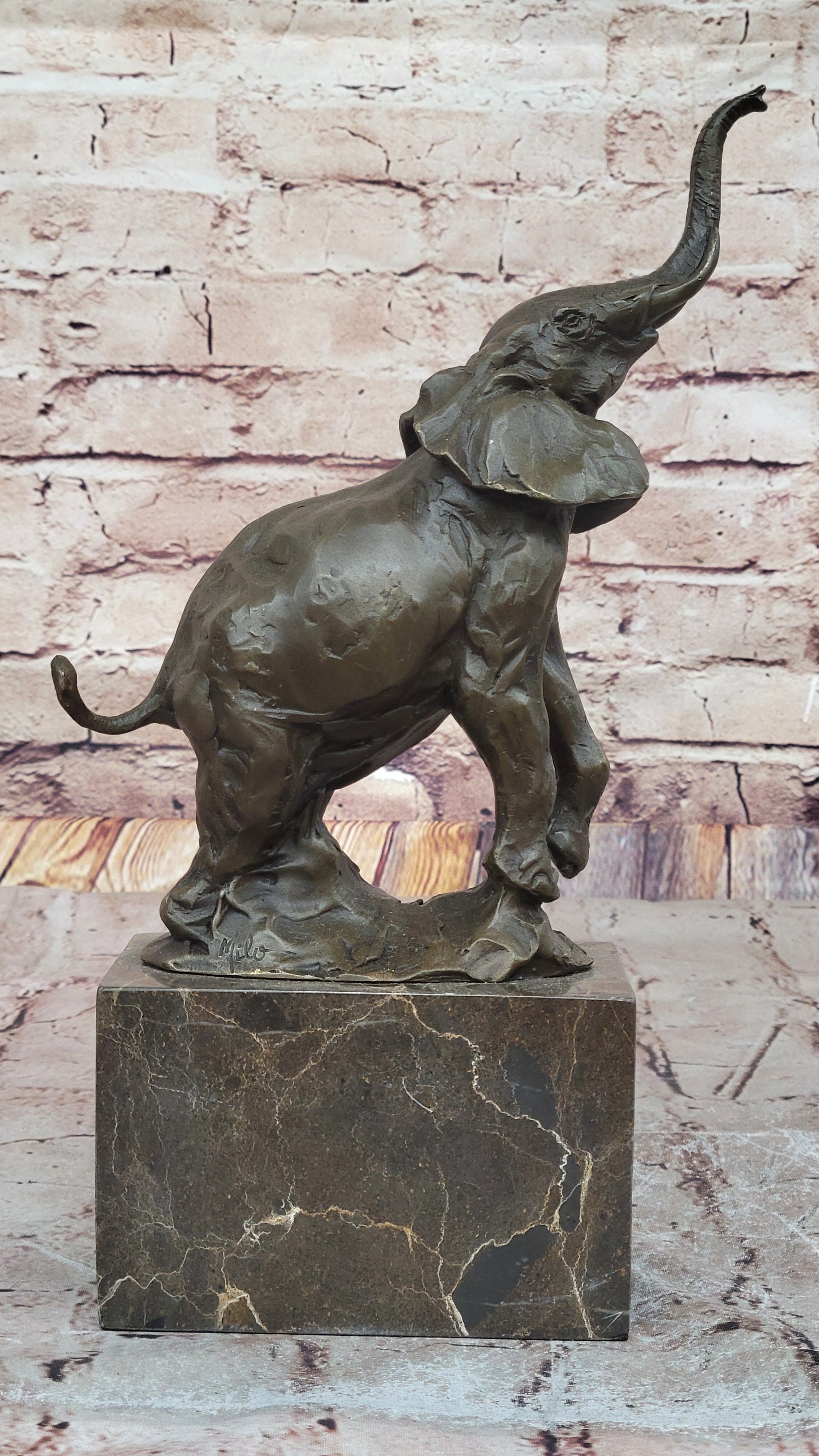 Elephant Standing on Hind Legs Bronze Sculpture Signed Art