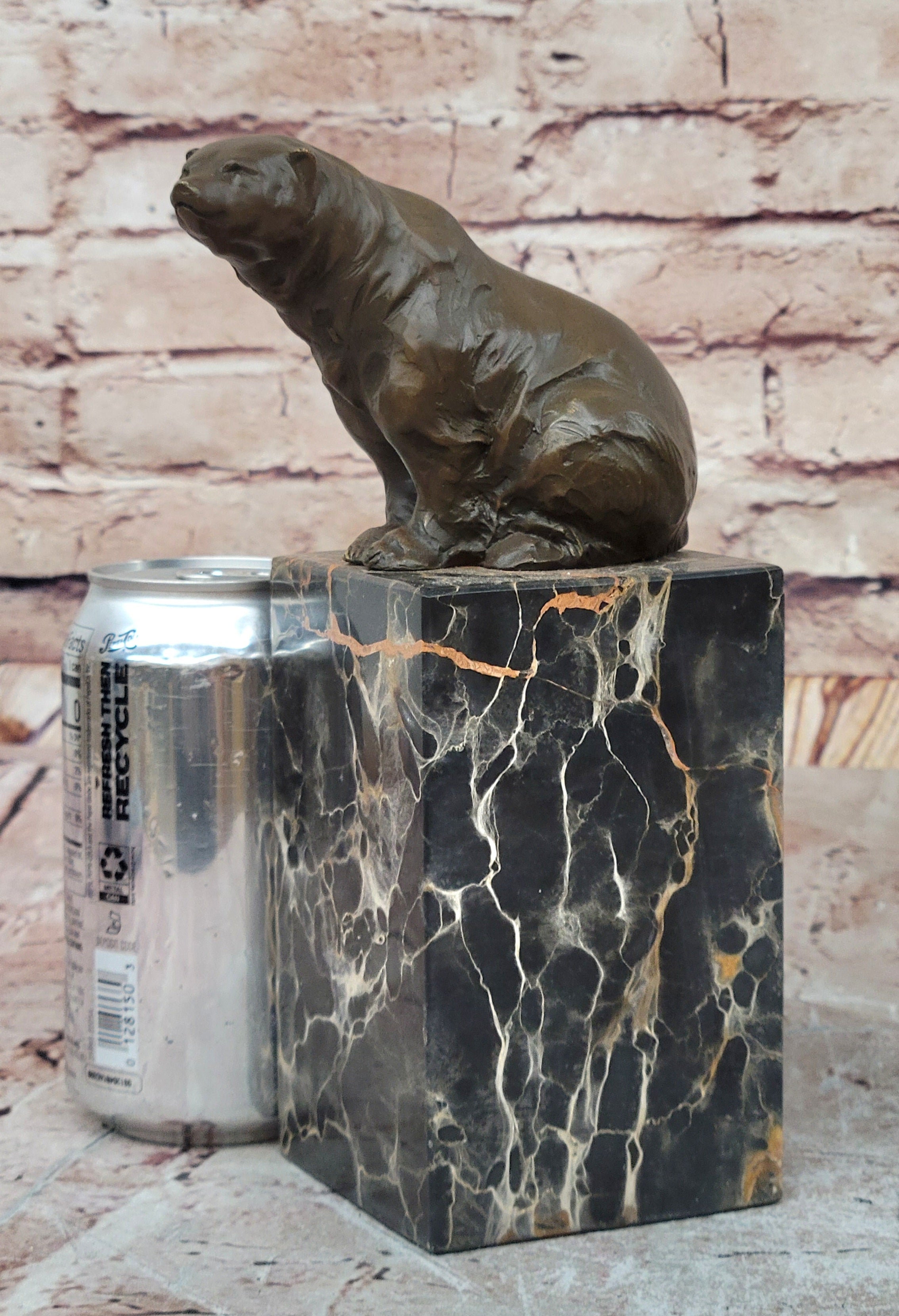 Signed Sitting Polar Bronze Bookend Marble Sculpture