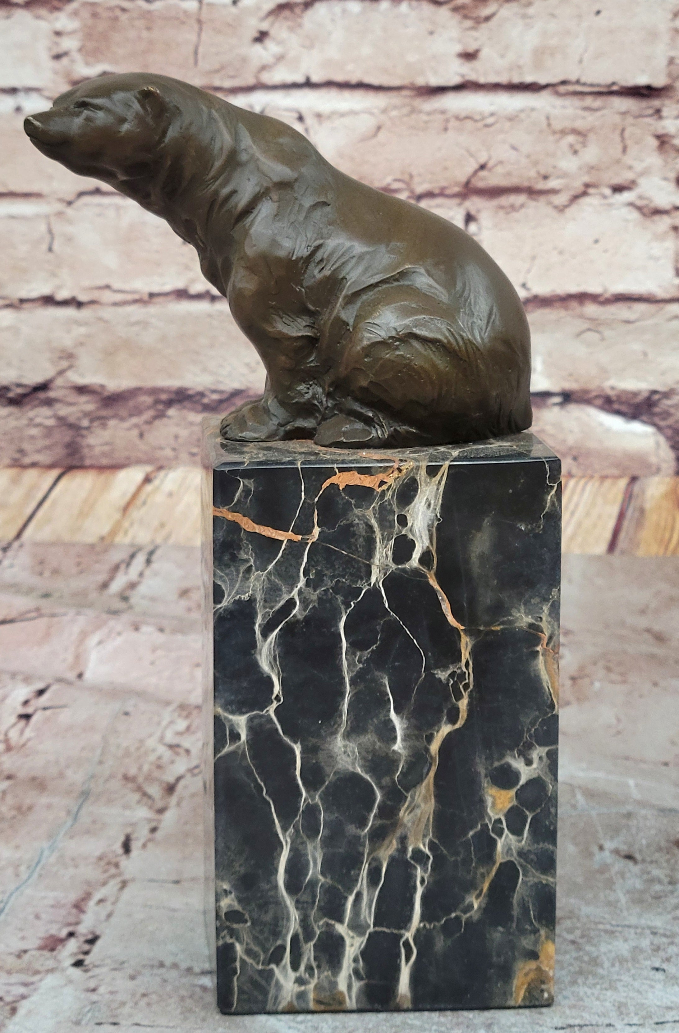Signed Sitting Polar Bronze Bookend Marble Sculpture