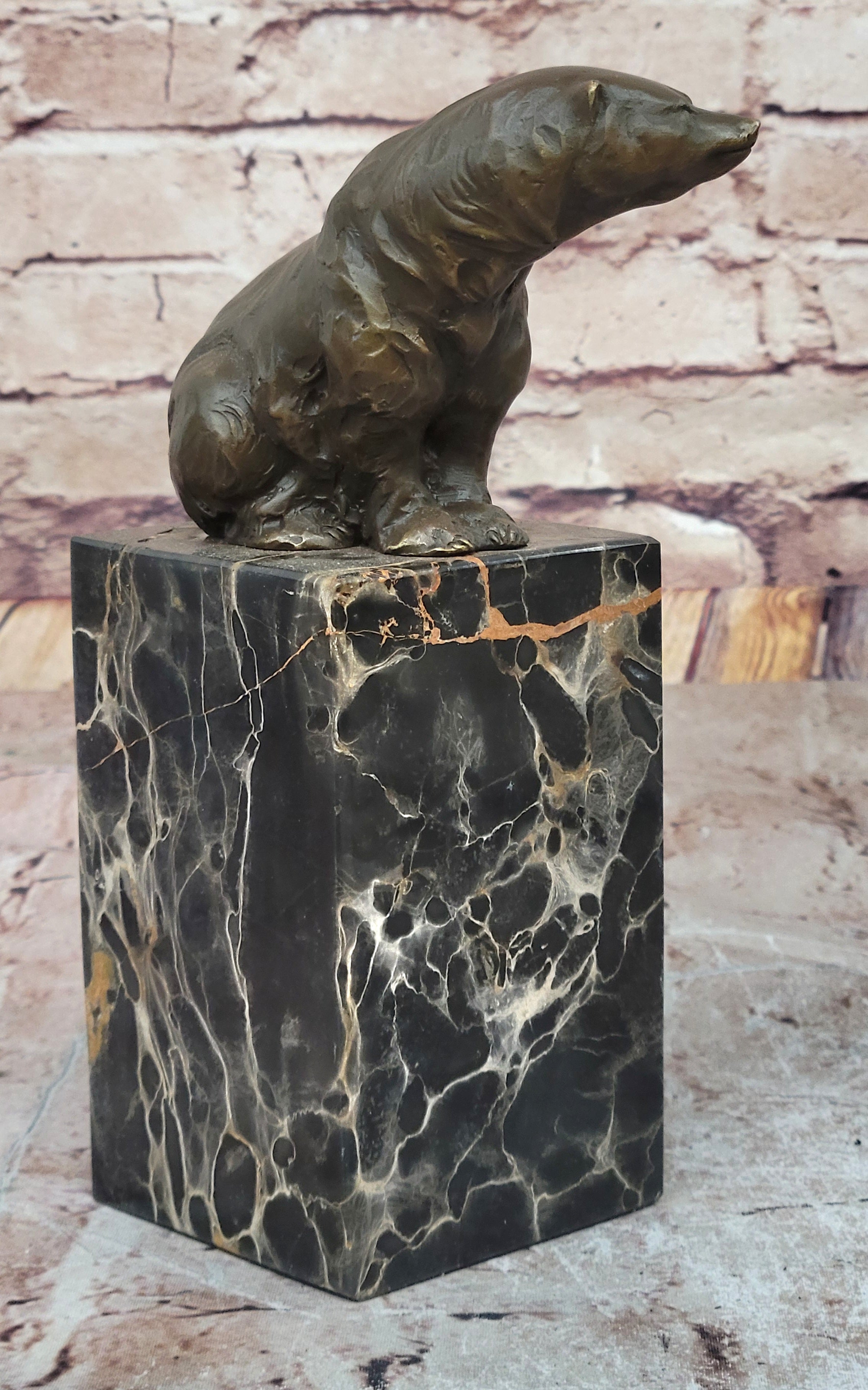 Signed Sitting Polar Bronze Bookend Marble Sculpture