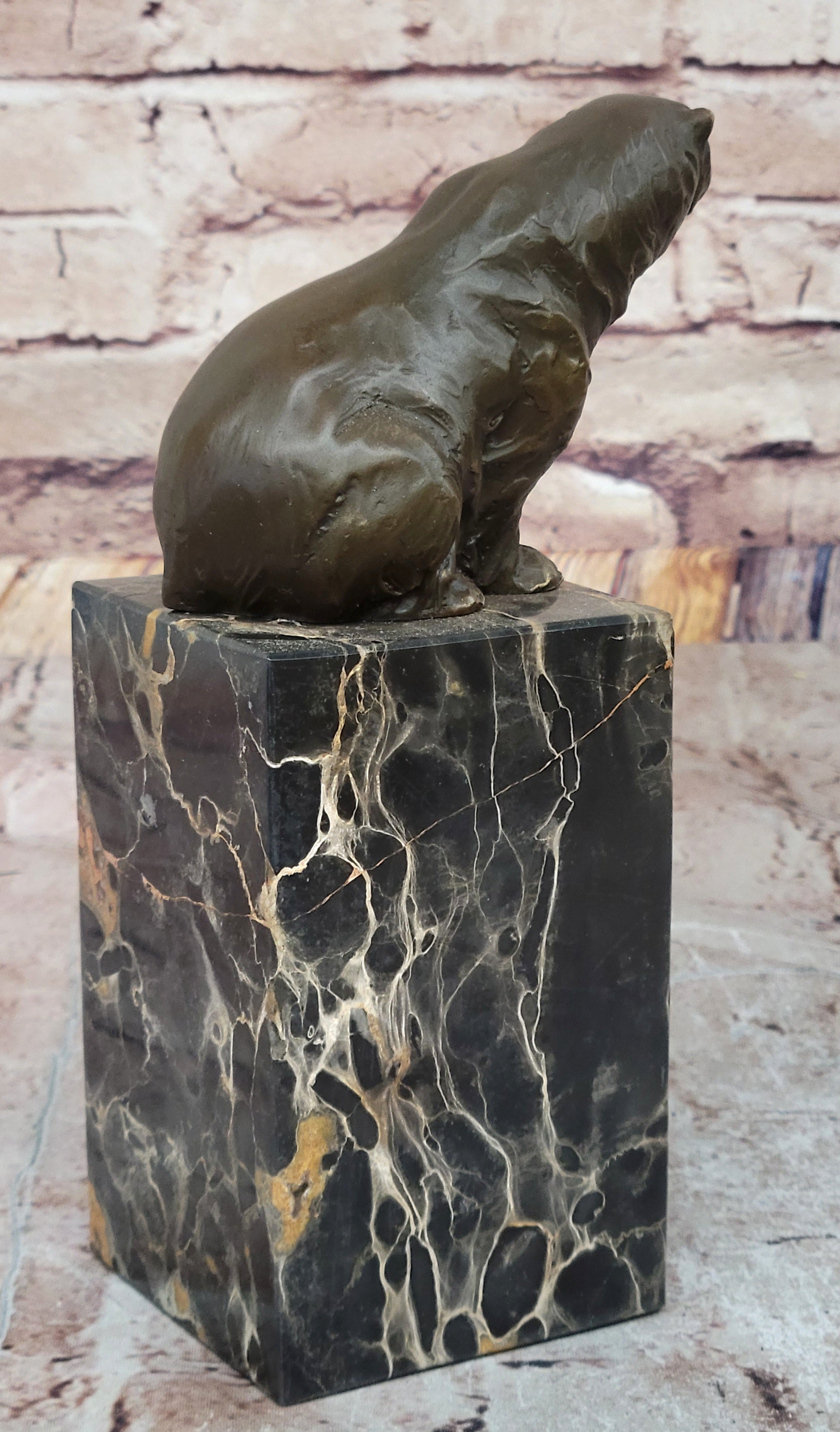 Signed Sitting Polar Bronze Bookend Marble Sculpture