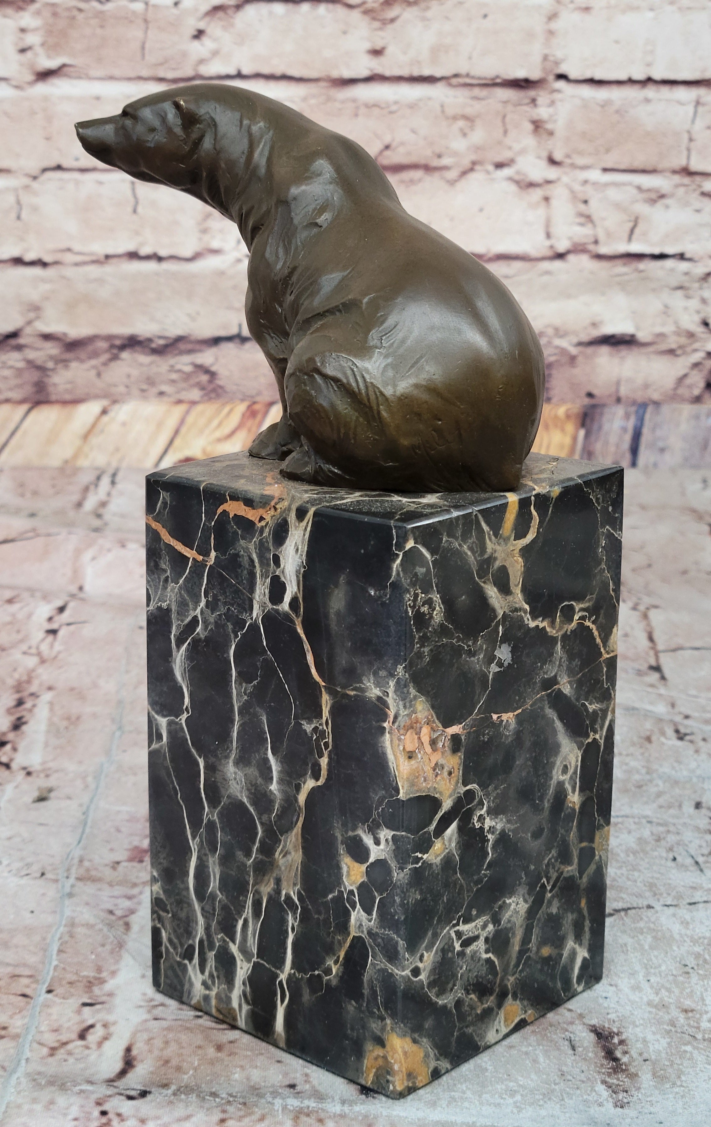 Signed Sitting Polar Bronze Bookend Marble Sculpture