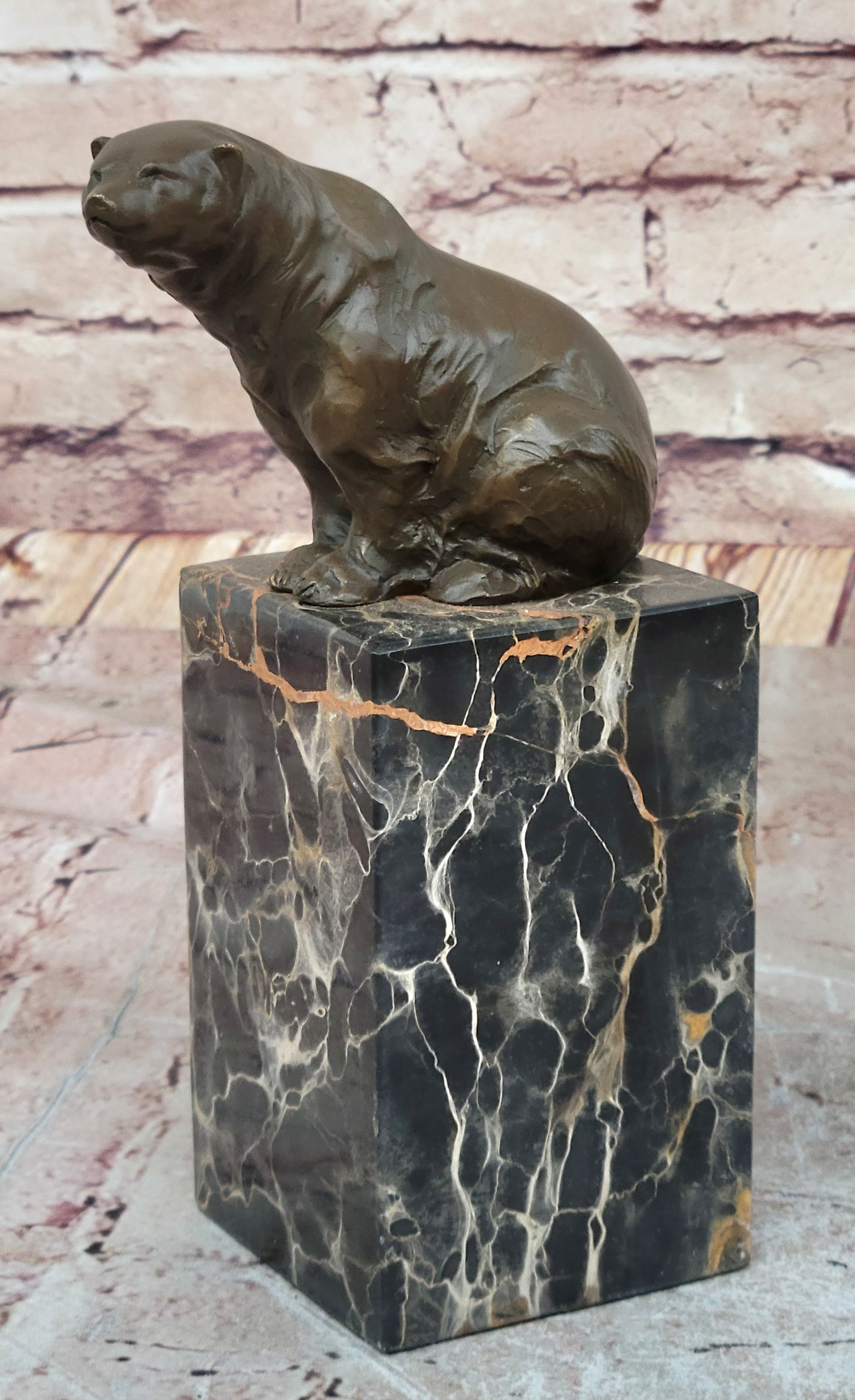 Signed Sitting Polar Bronze Bookend Marble Sculpture