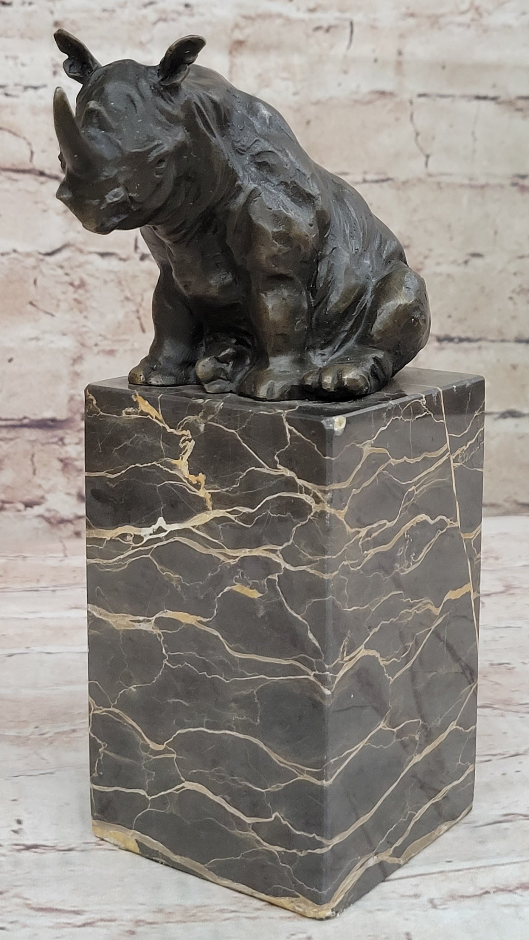 Signed Milo African Rhinoceros Bronze Sculpture on Marble Base