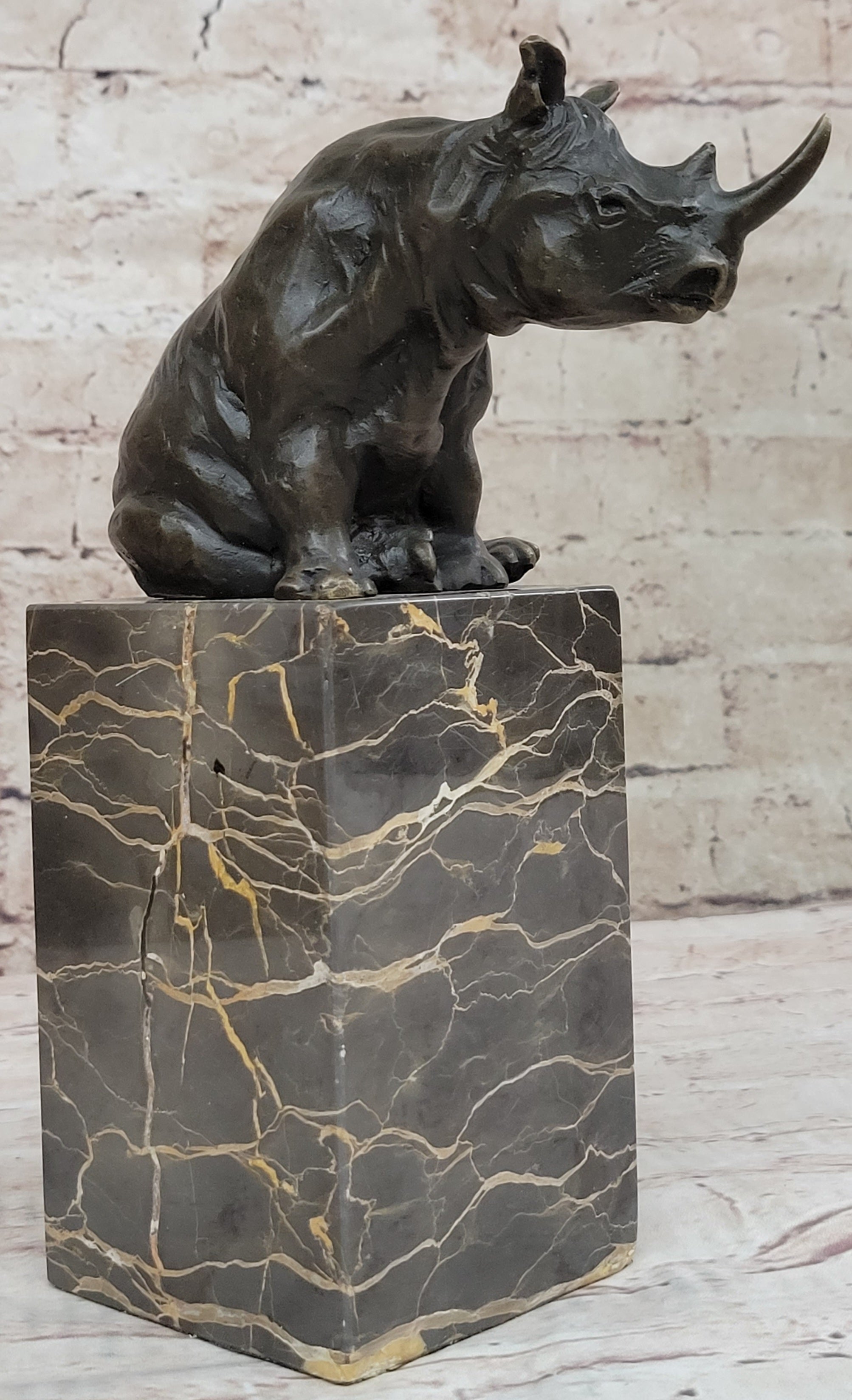 Signed Milo African Rhinoceros Bronze Sculpture on Marble Base