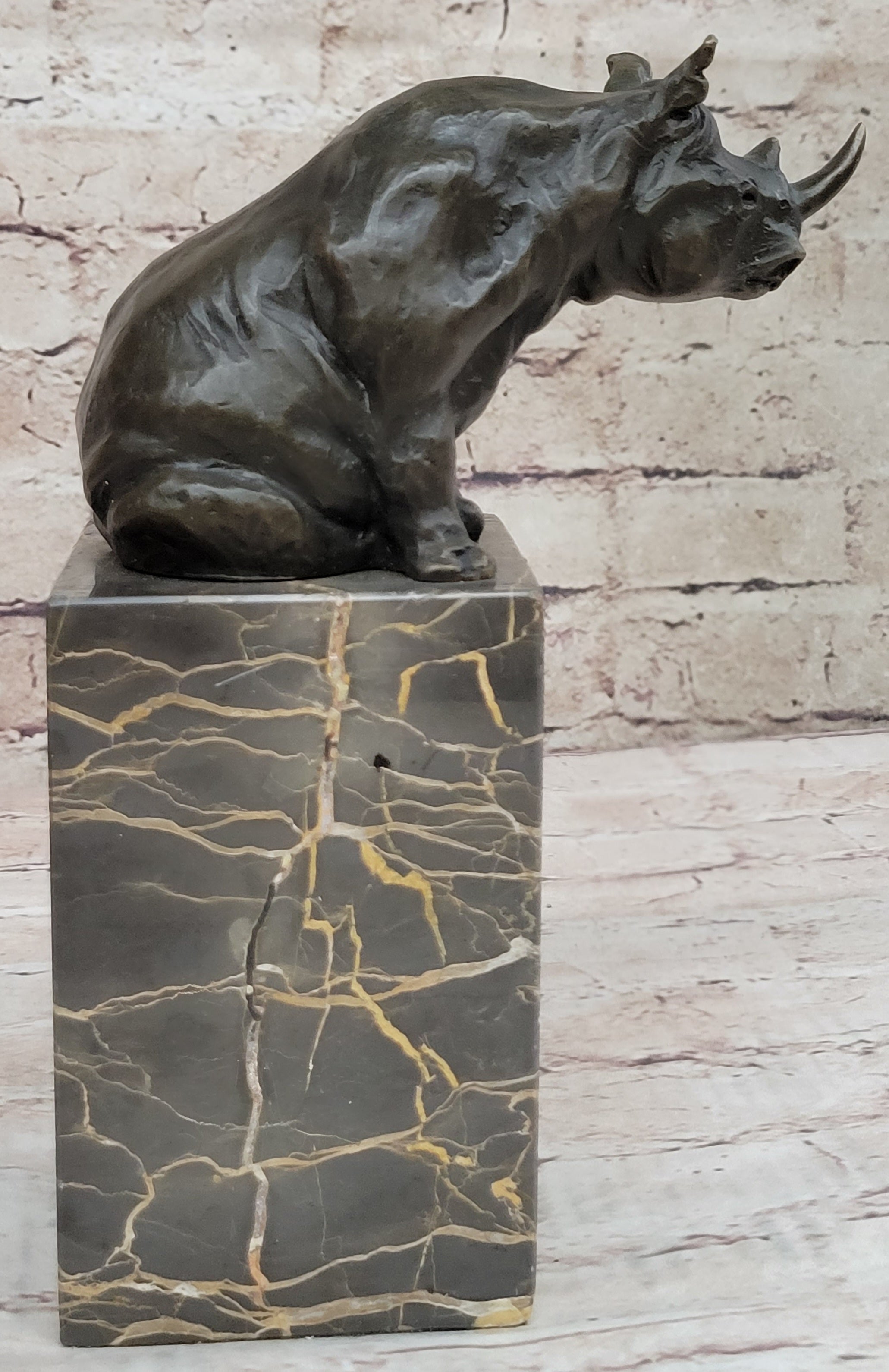 Signed Milo African Rhinoceros Bronze Sculpture on Marble Base