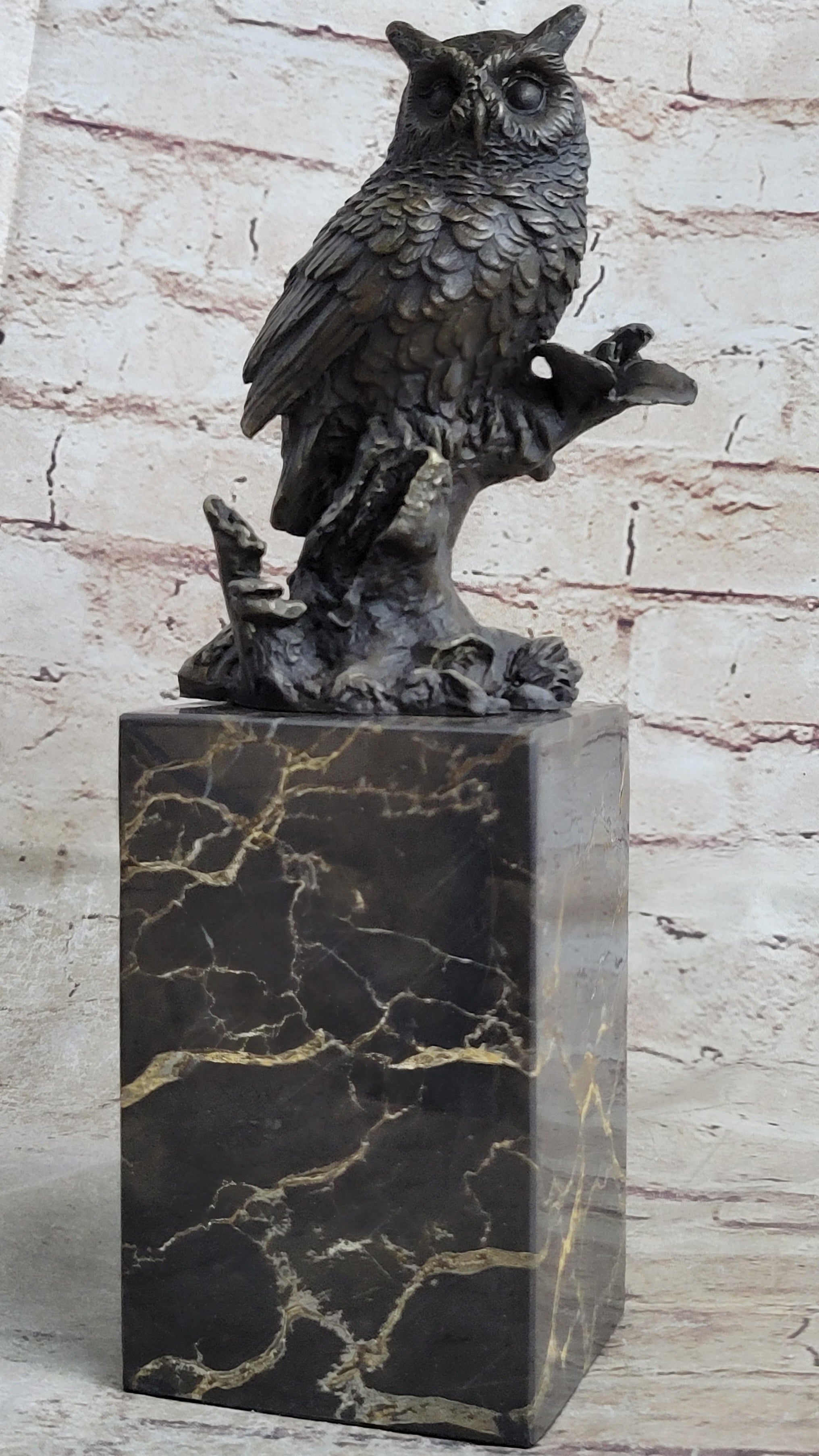 Hot Cast Bronze Owl Bird on Perch Sculpture Marble Base