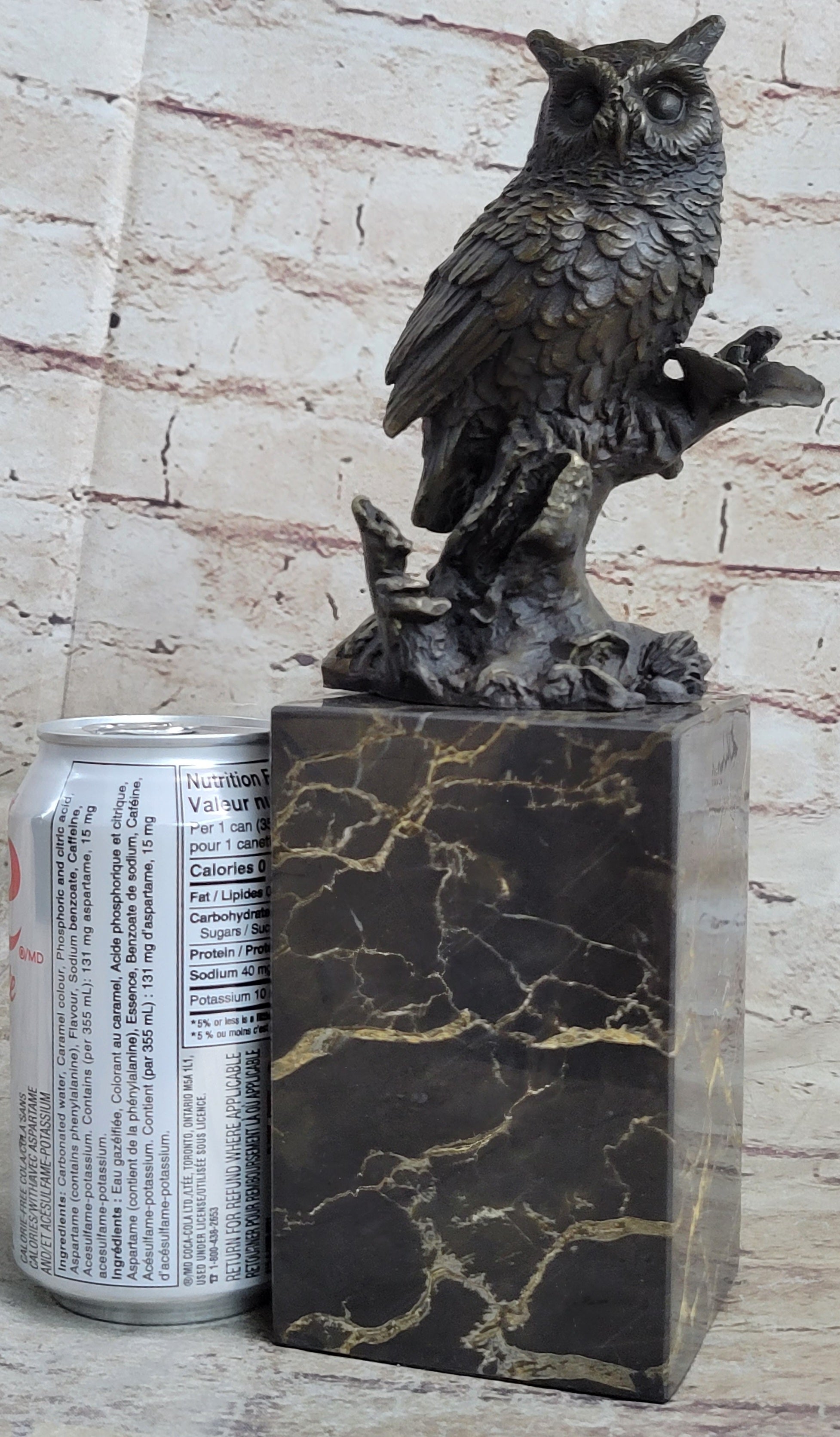 Hot Cast Bronze Owl Bird on Perch Sculpture Marble Base