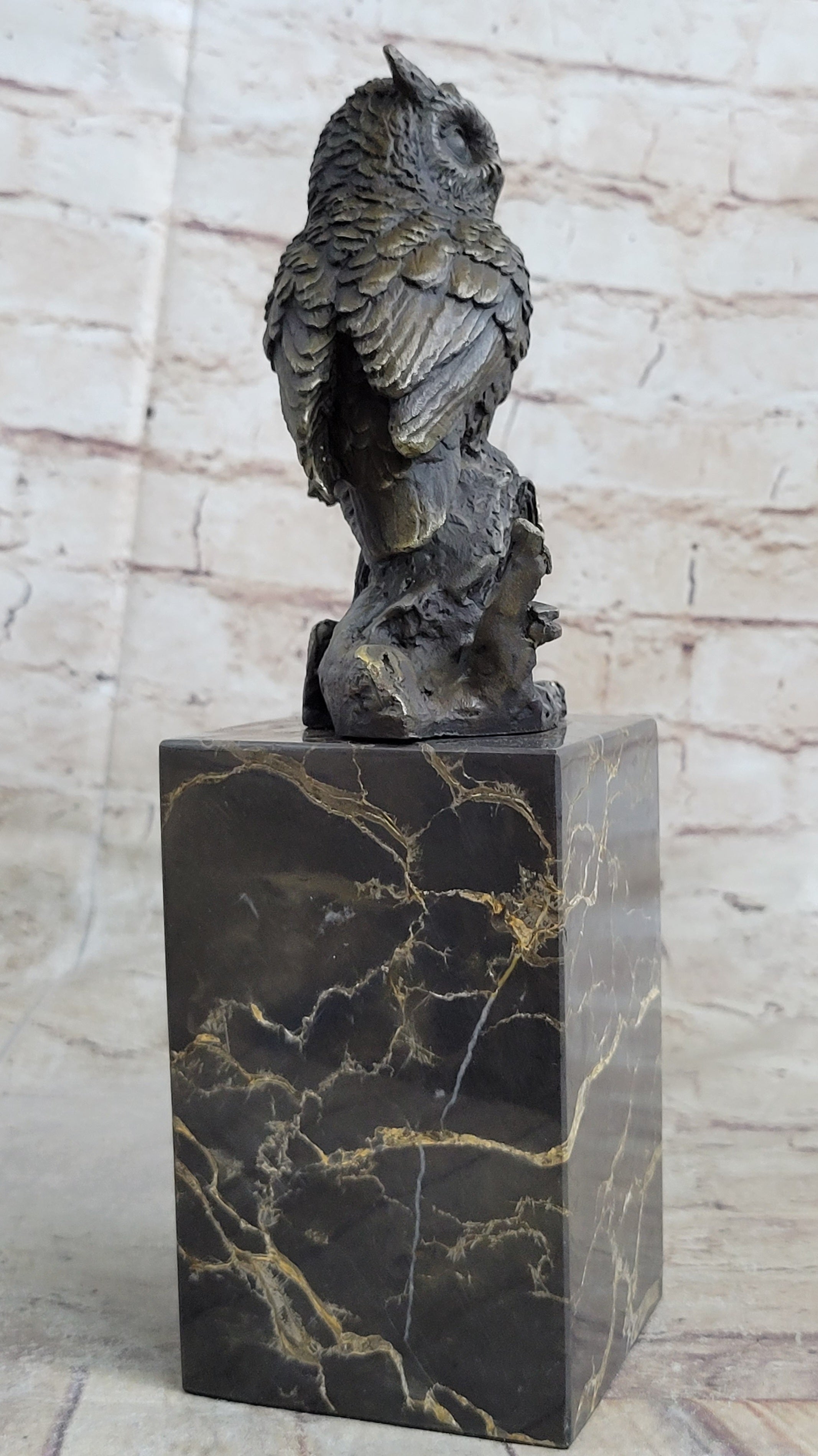 Hot Cast Bronze Owl Bird on Perch Sculpture Marble Base