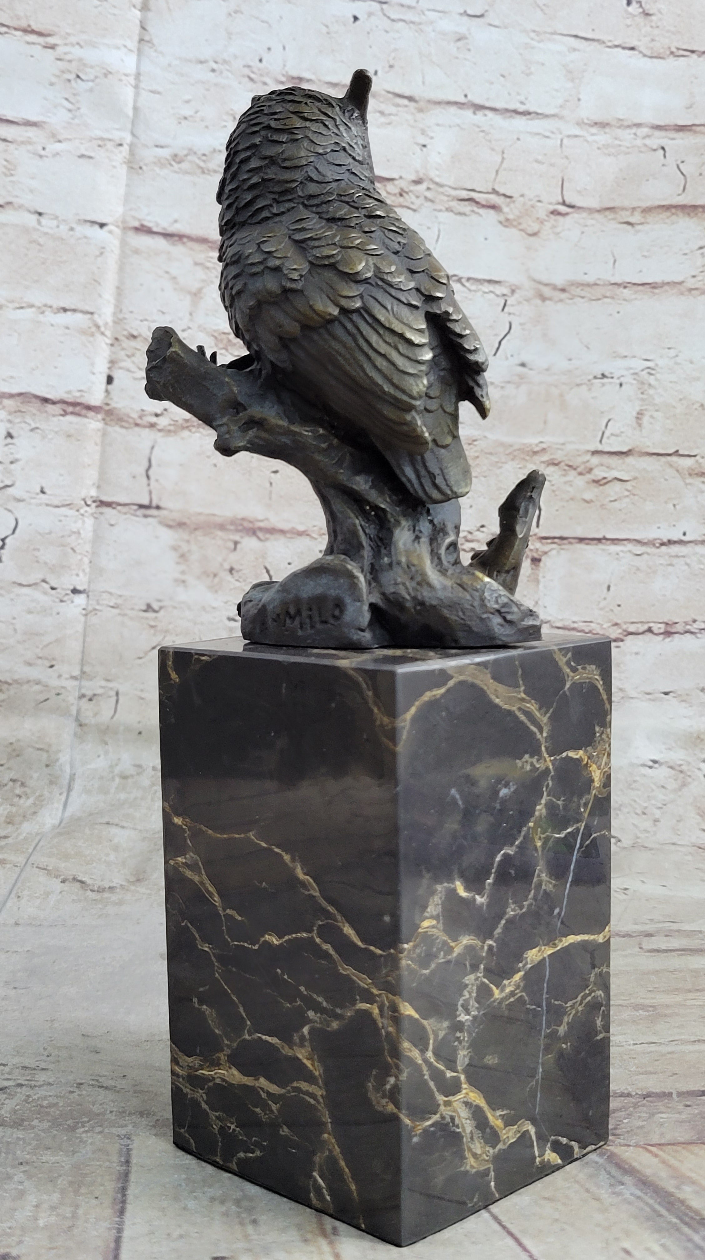 Hot Cast Bronze Owl Bird on Perch Sculpture Marble Base