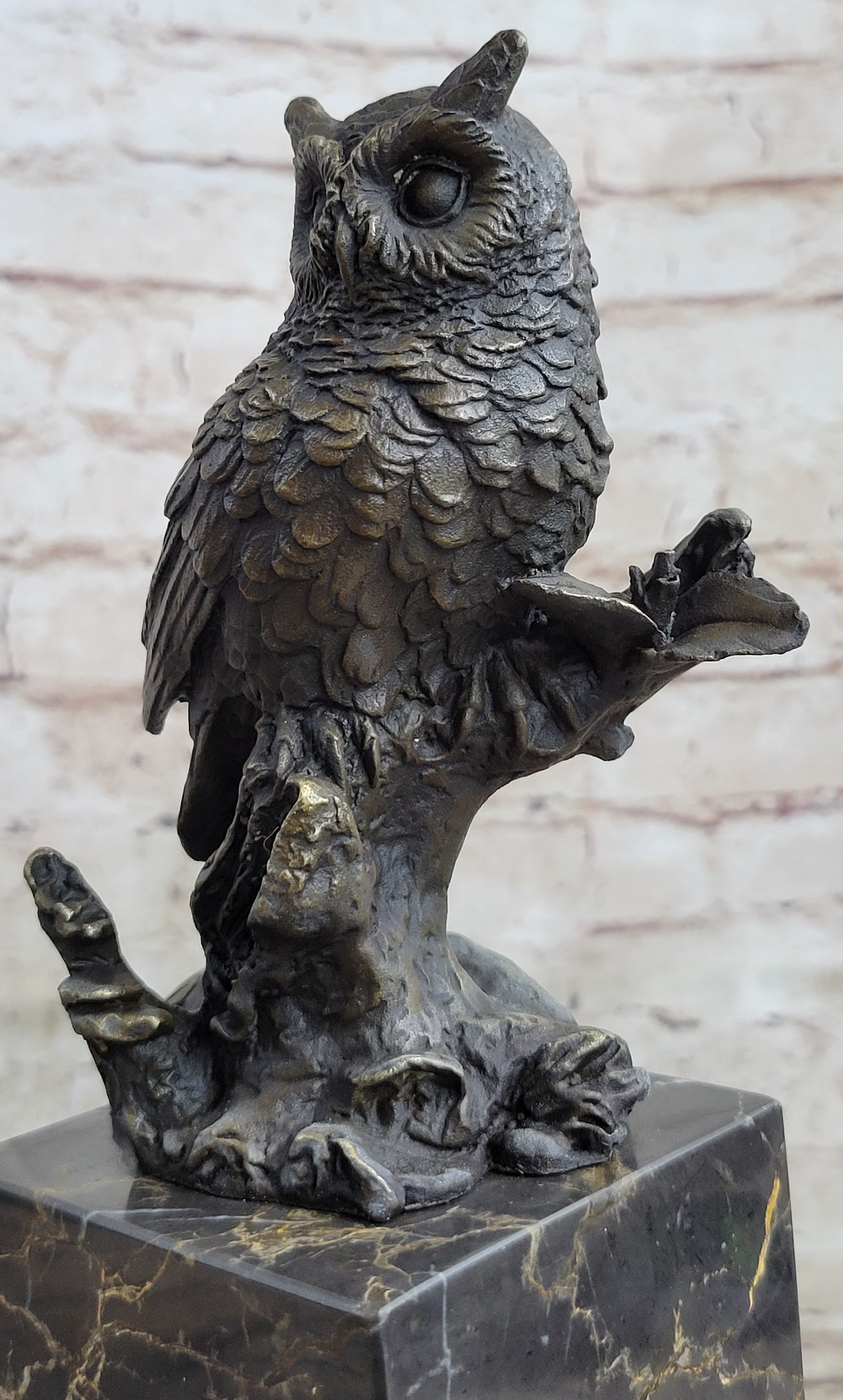 Hot Cast Bronze Owl Bird on Perch Sculpture Marble Base