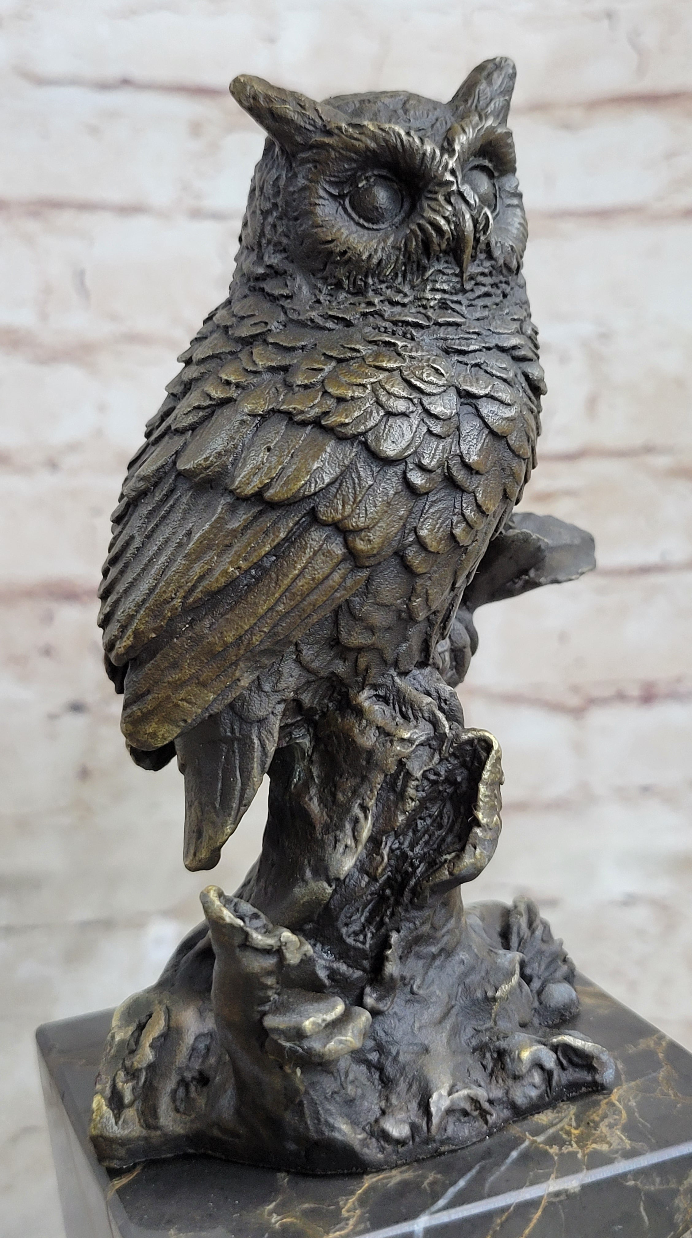 Hot Cast Bronze Owl Bird on Perch Sculpture Marble Base