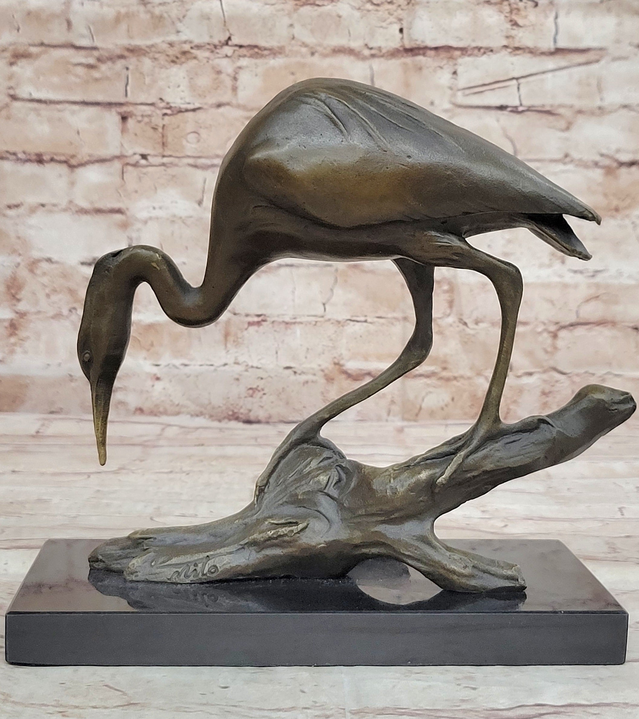 Crane Stork Egret Heron Bronze Sculpture on Marble Base
