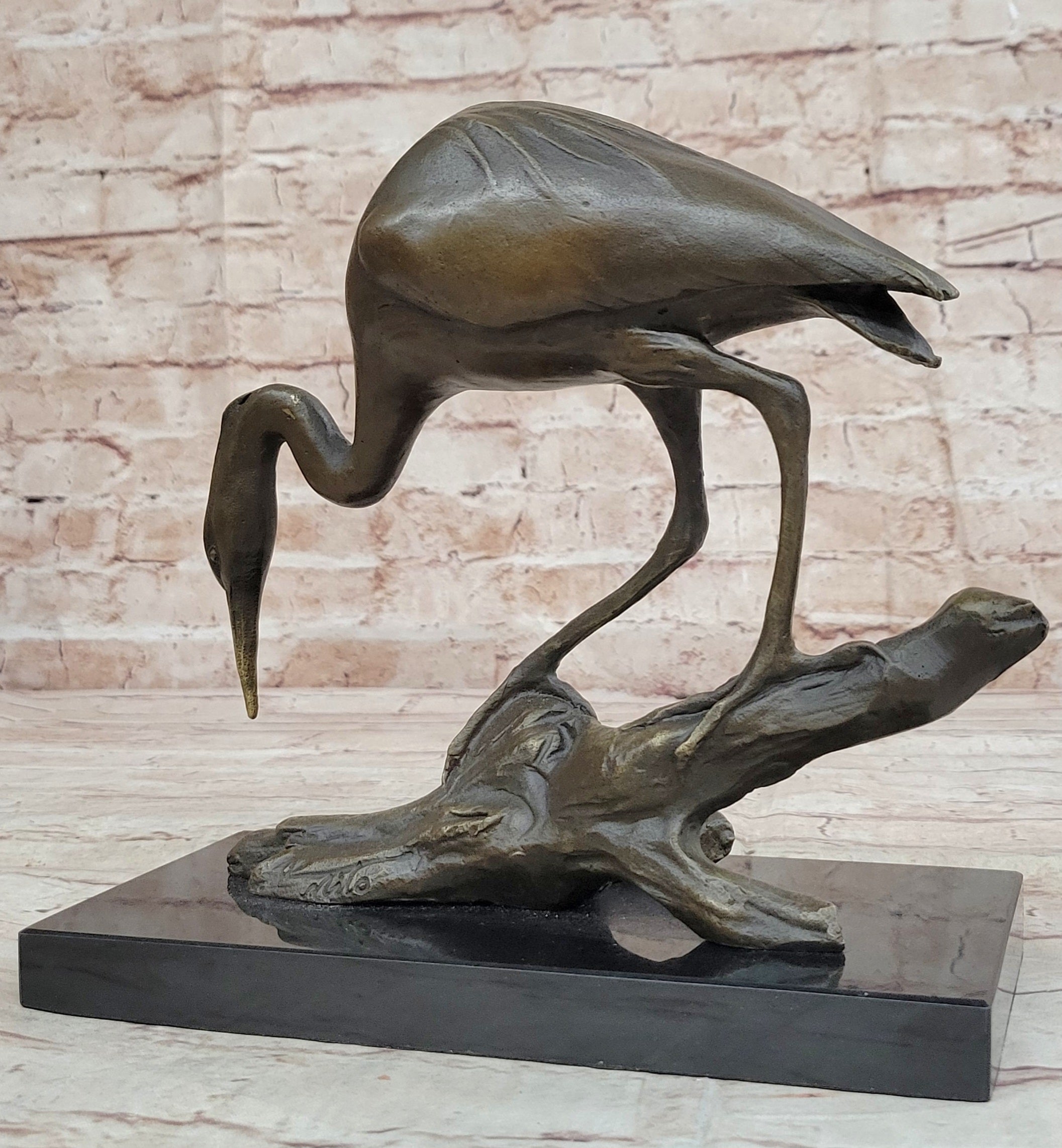 Crane Stork Egret Heron Bronze Sculpture on Marble Base