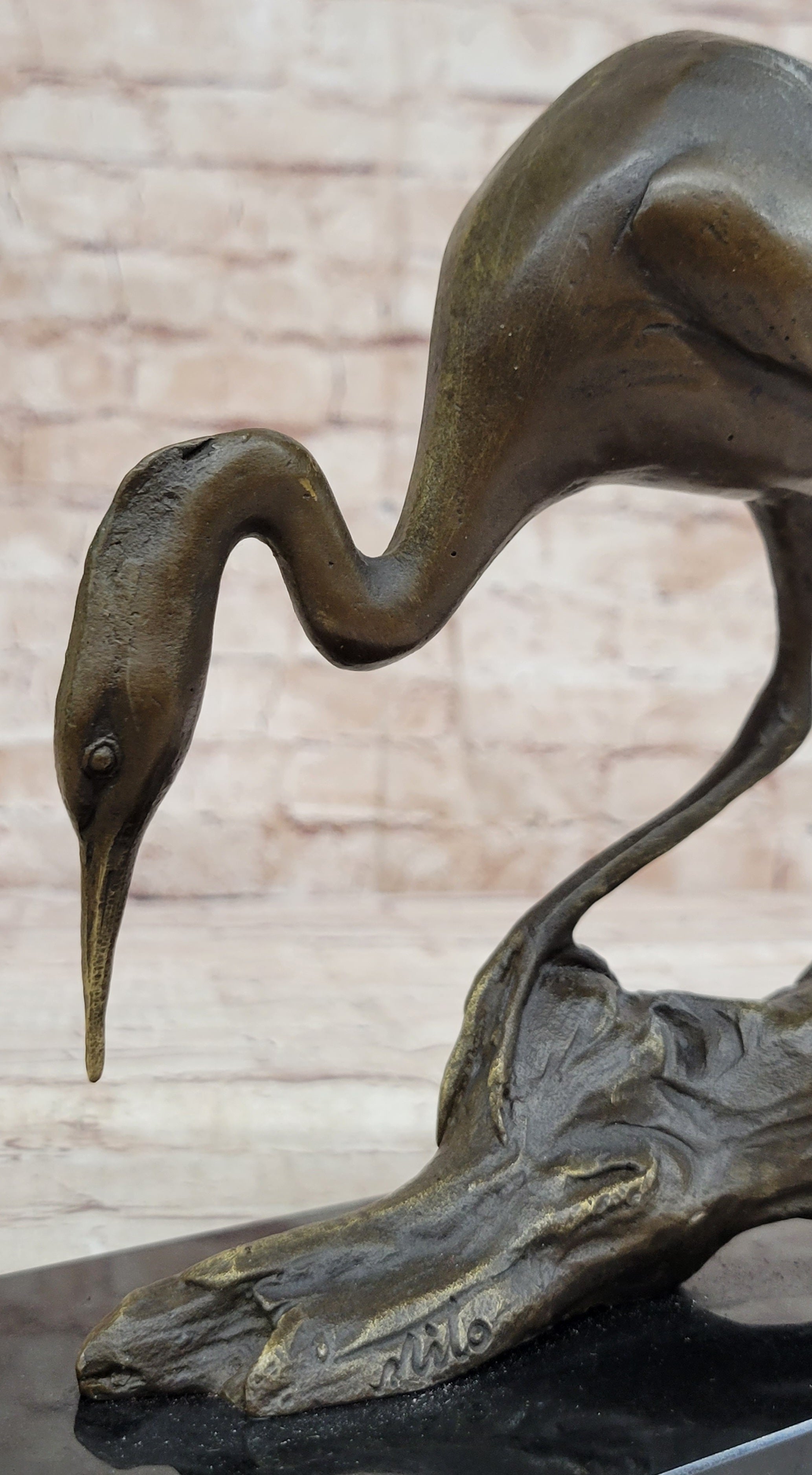 Crane Stork Egret Heron Bronze Sculpture on Marble Base
