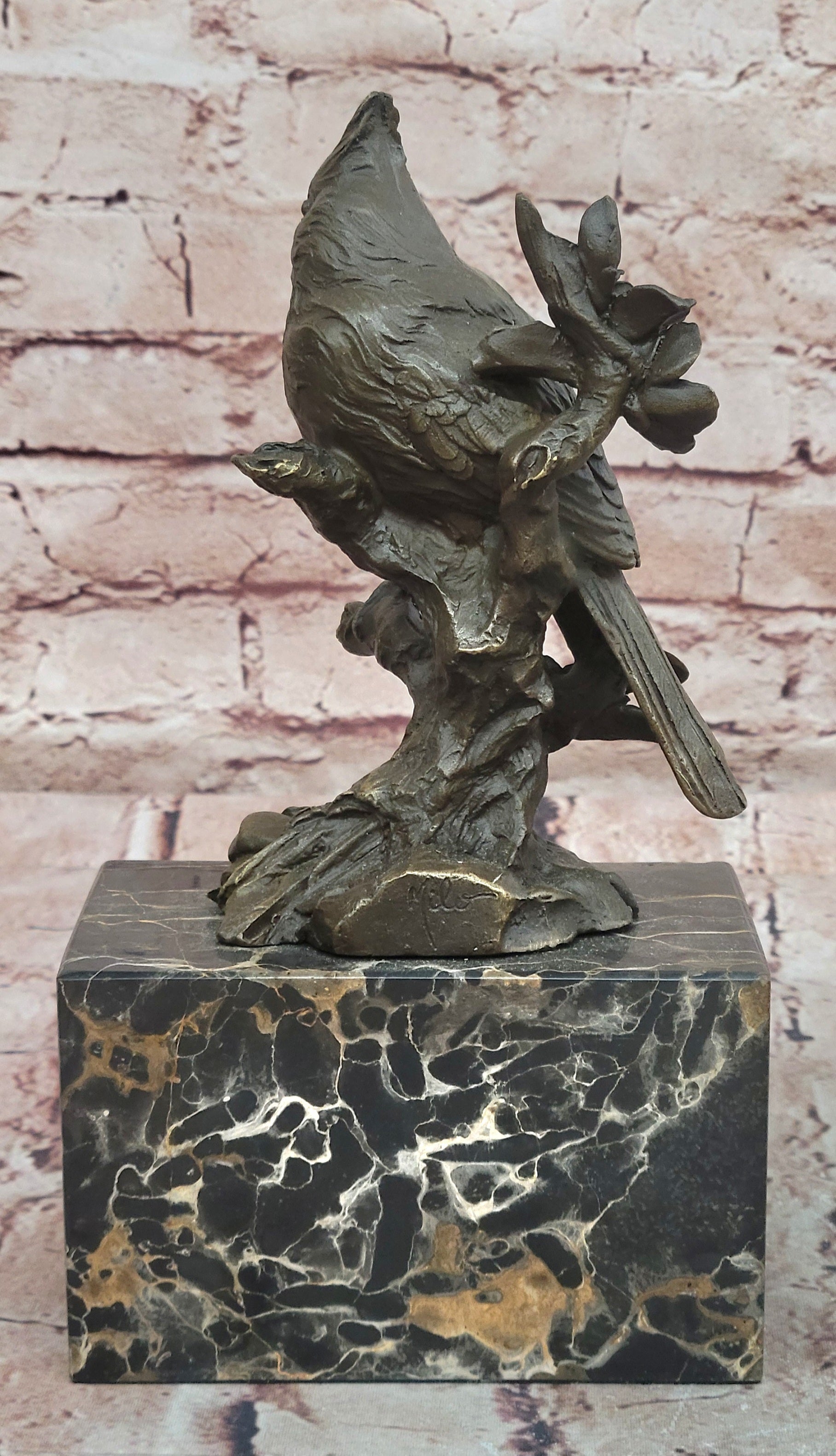 Bronze Statue Animal Sculpture Bird Desk Top Decor Marble Base Figurine