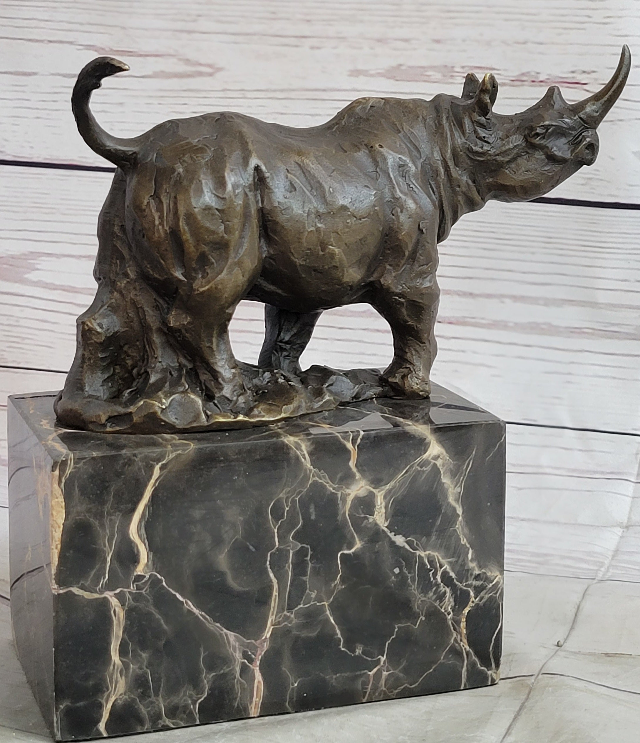 Rhinoceros Rhino Bronze Metal Sculpture Bookend Marble Base