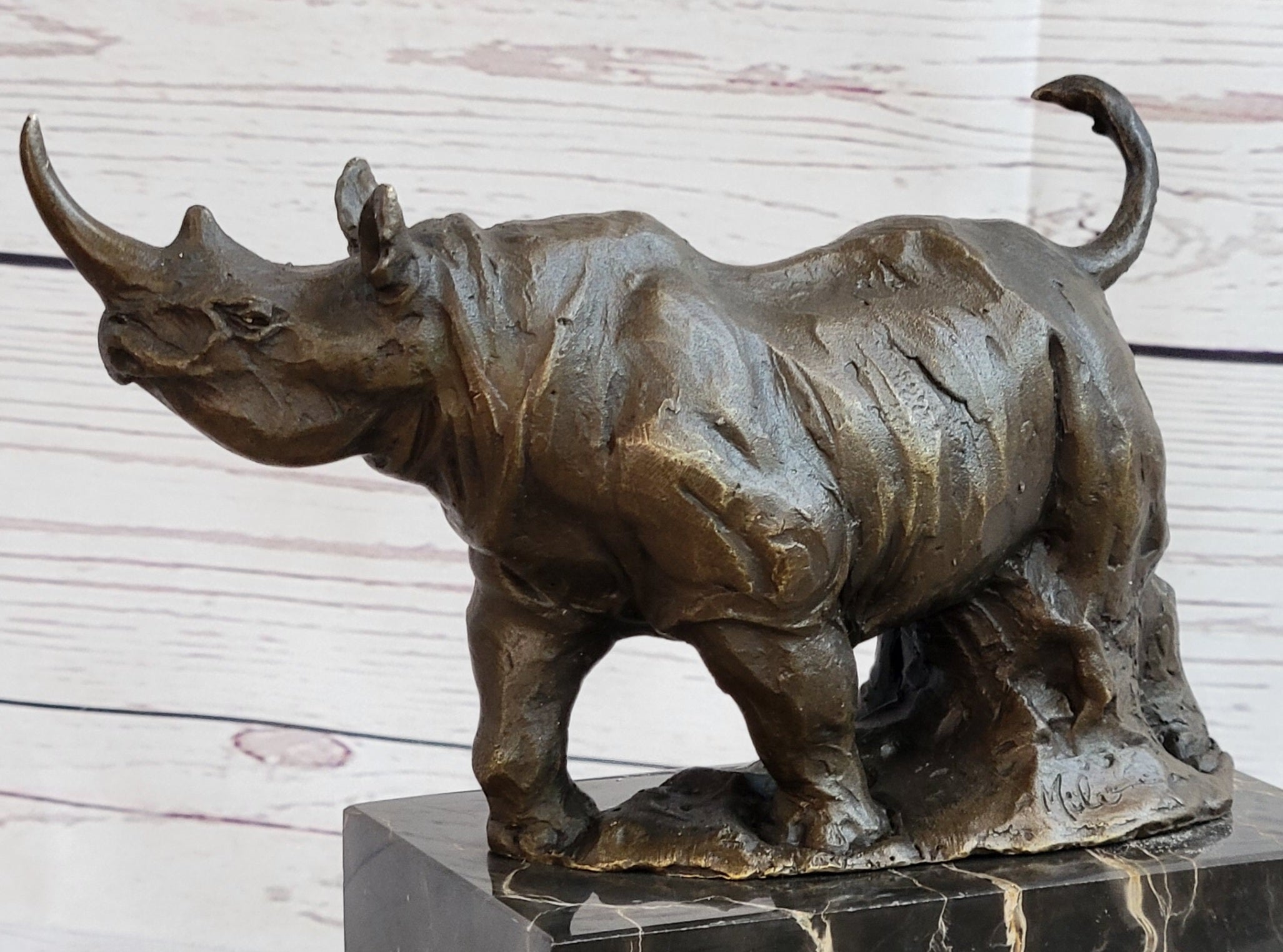 Rhinoceros Rhino Bronze Metal Sculpture Bookend Marble Base