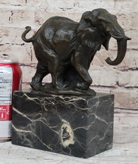 Miniature Elephant Bronze Metal Sculpture on Marble Base Signed
