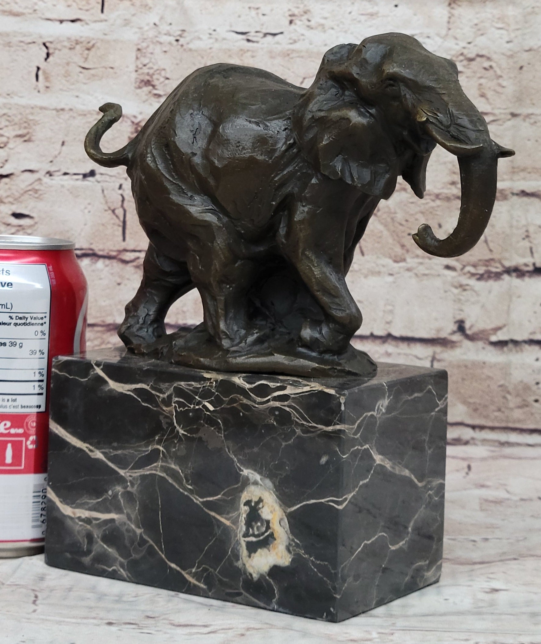 Miniature Elephant Bronze Metal Sculpture on Marble Base Signed