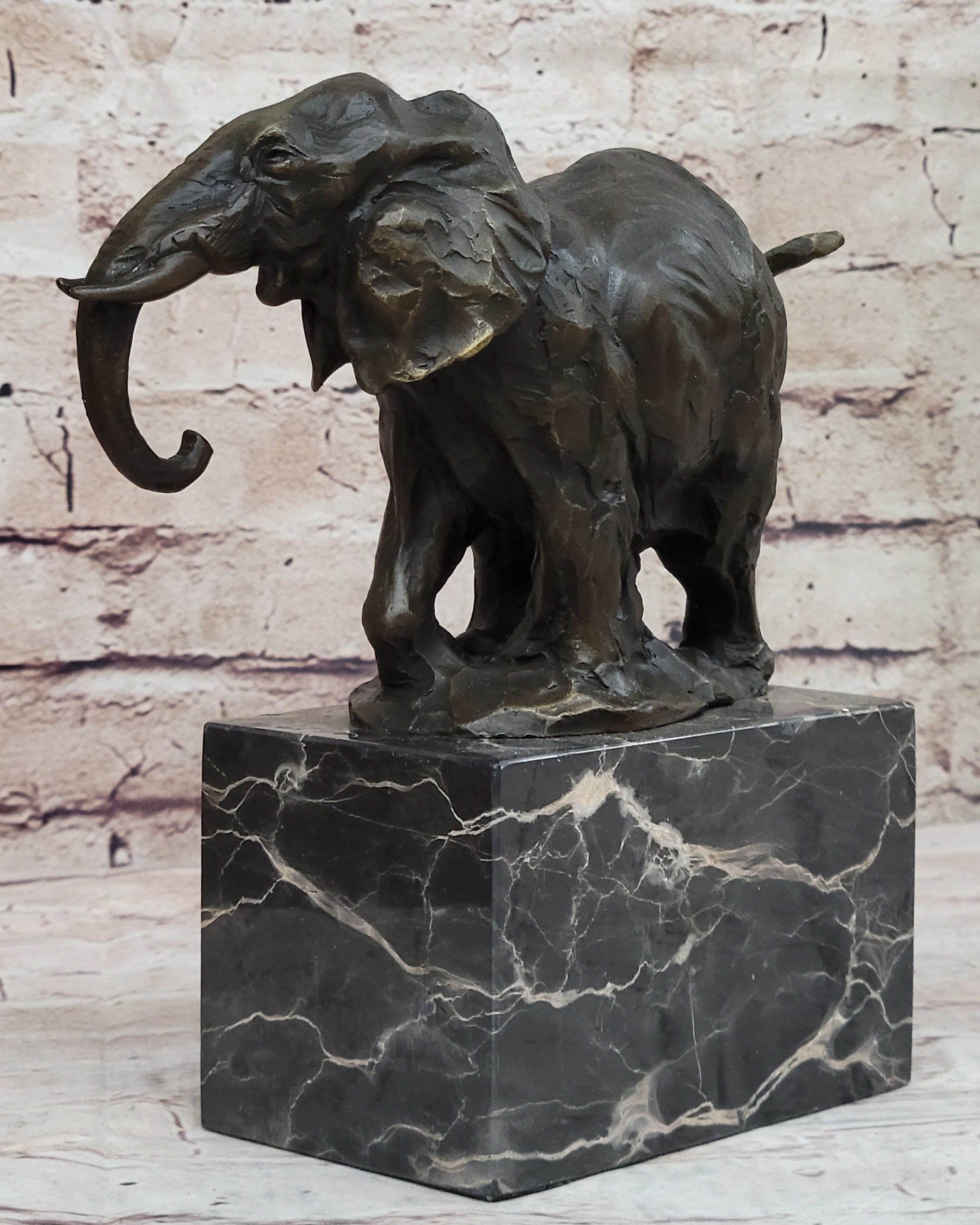 Miniature Elephant Bronze Metal Sculpture on Marble Base Signed