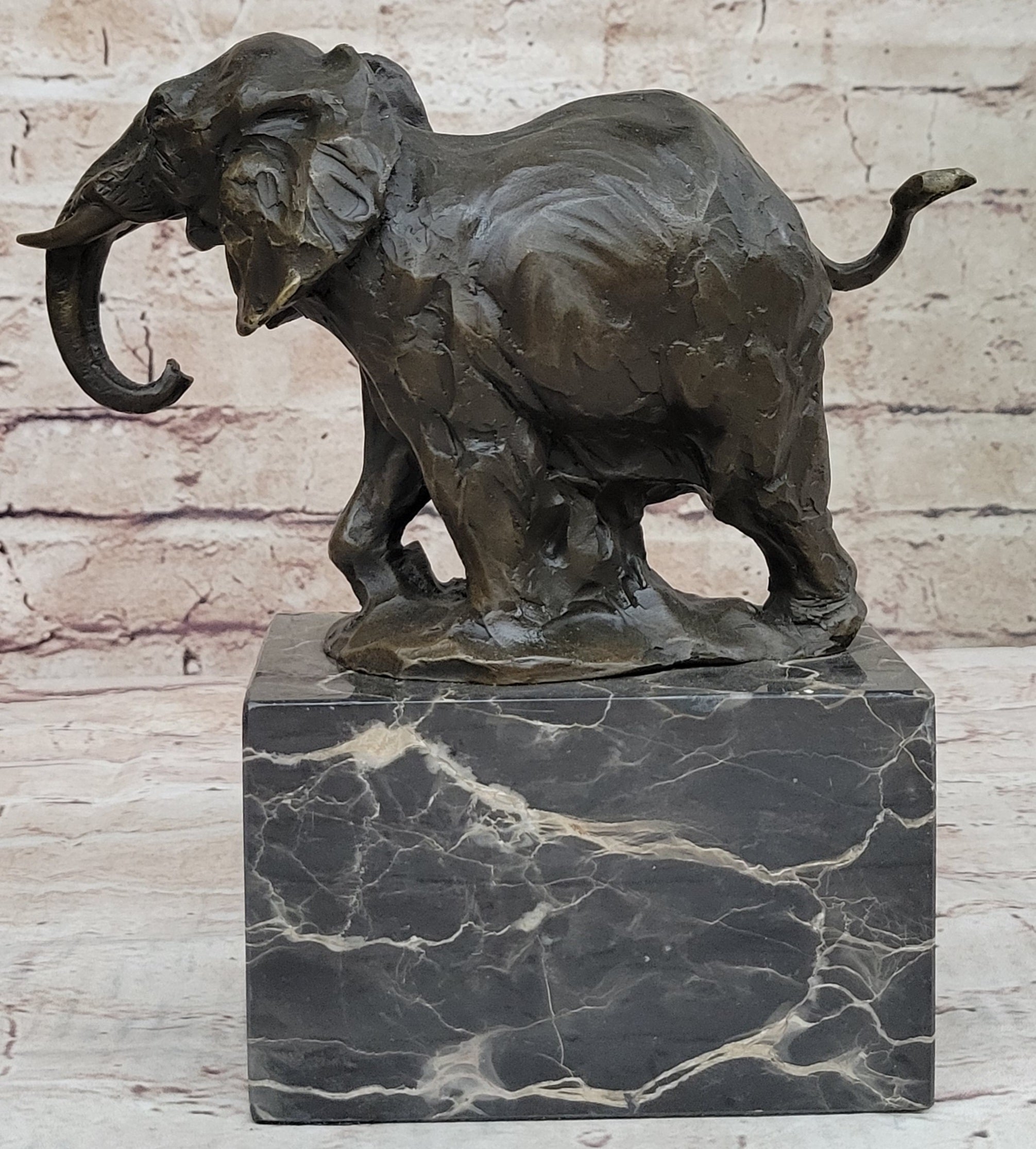 Miniature Elephant Bronze Metal Sculpture on Marble Base Signed