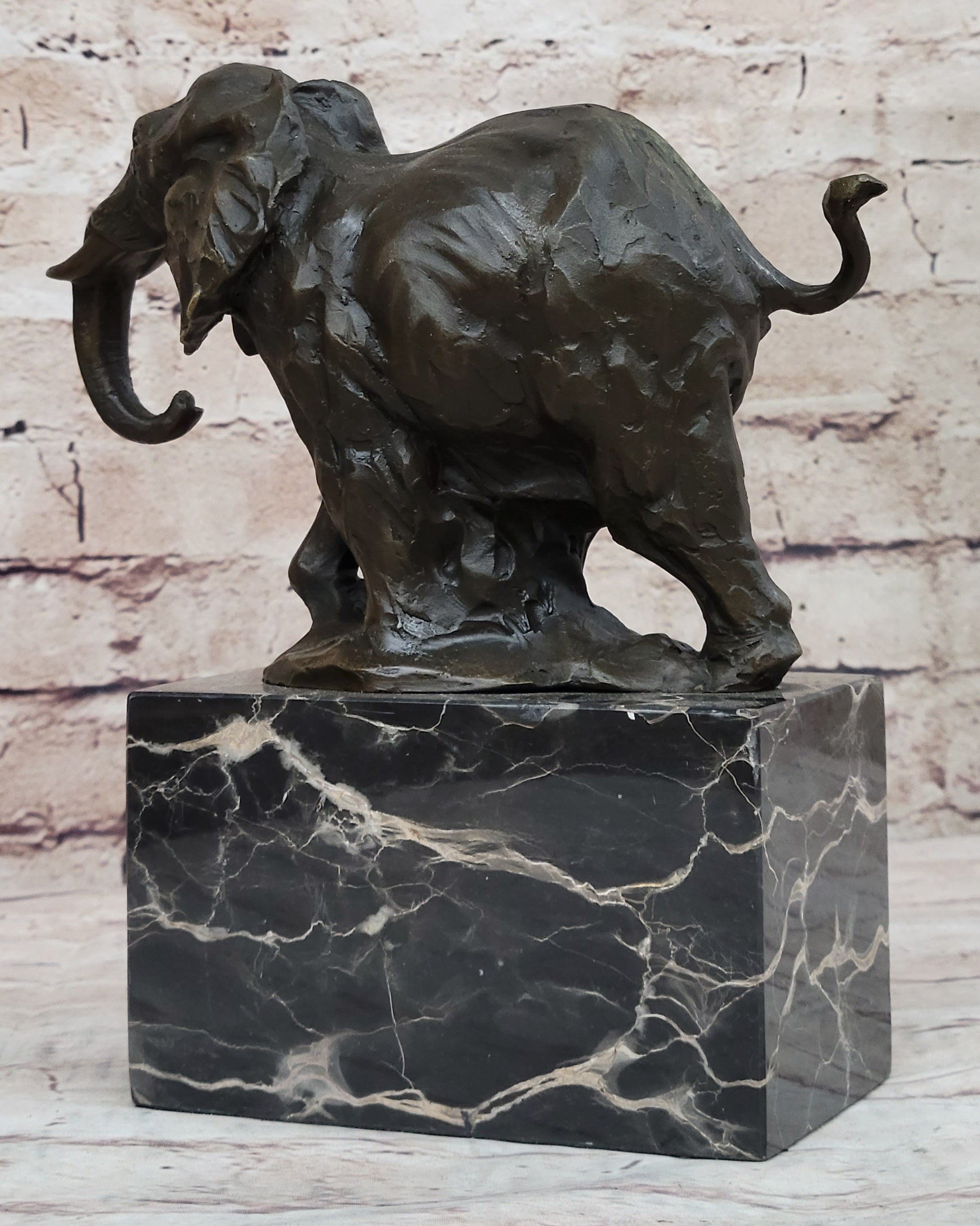 Miniature Elephant Bronze Metal Sculpture on Marble Base Signed
