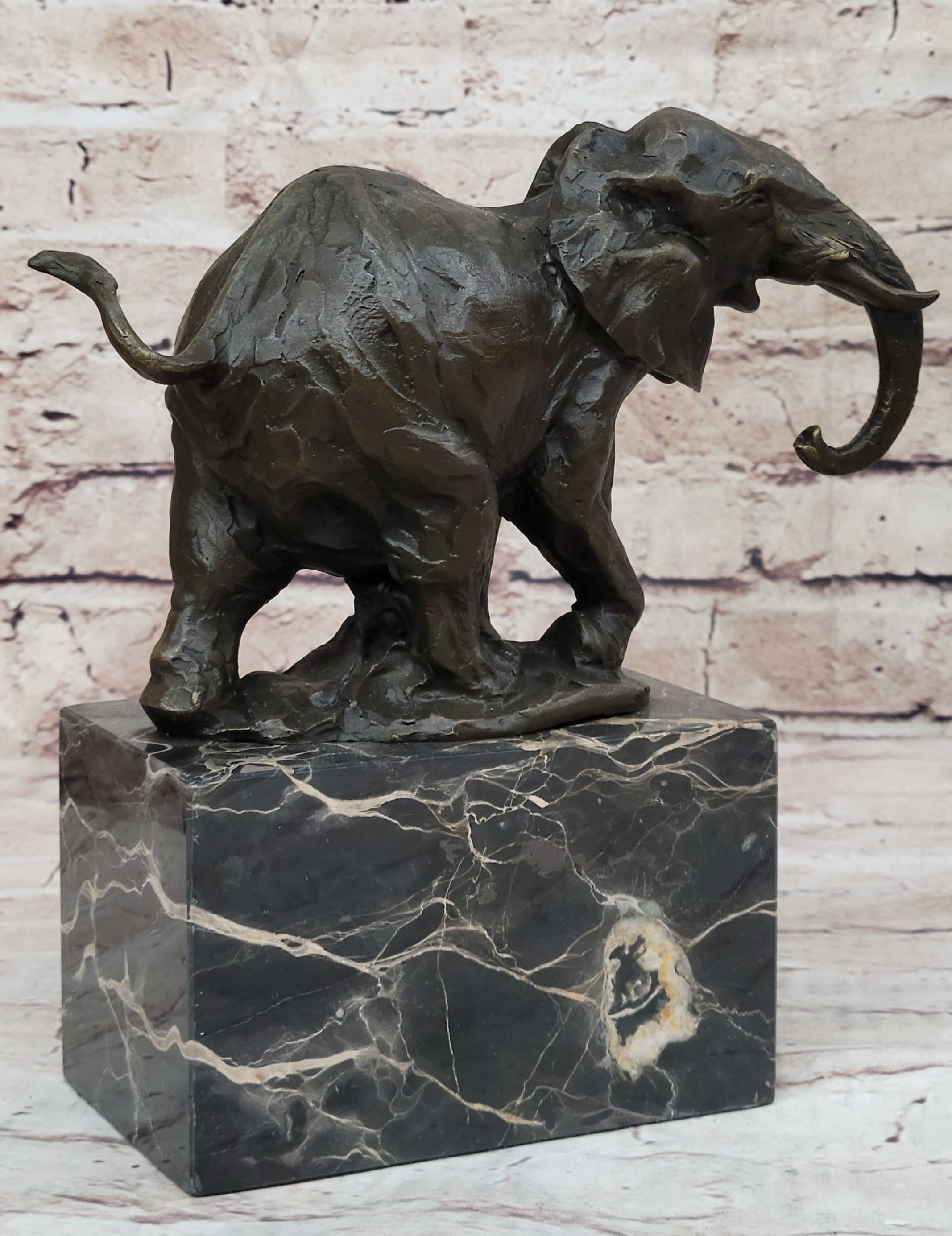 Miniature Elephant Bronze Metal Sculpture on Marble Base Signed