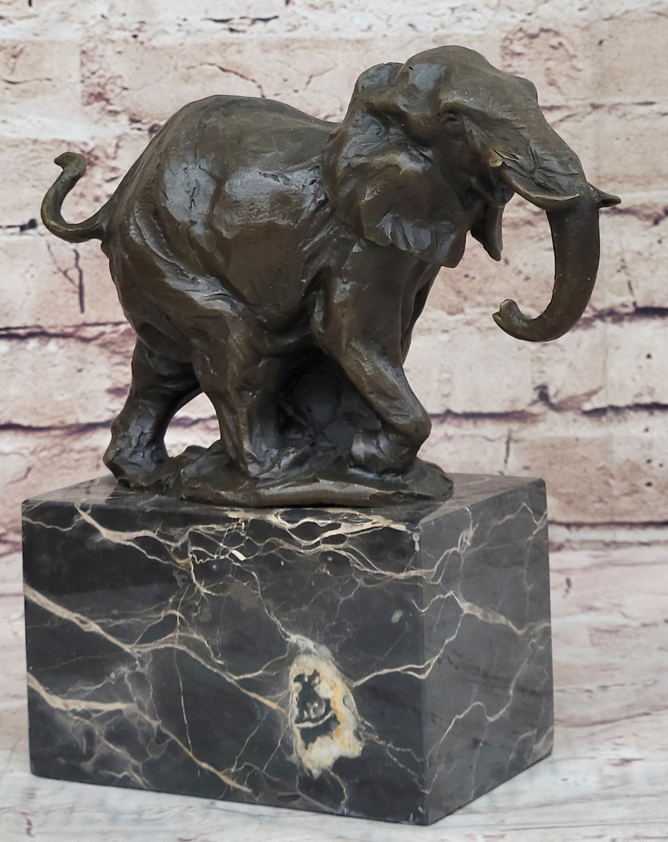 Miniature Elephant Bronze Metal Sculpture on Marble Base Signed