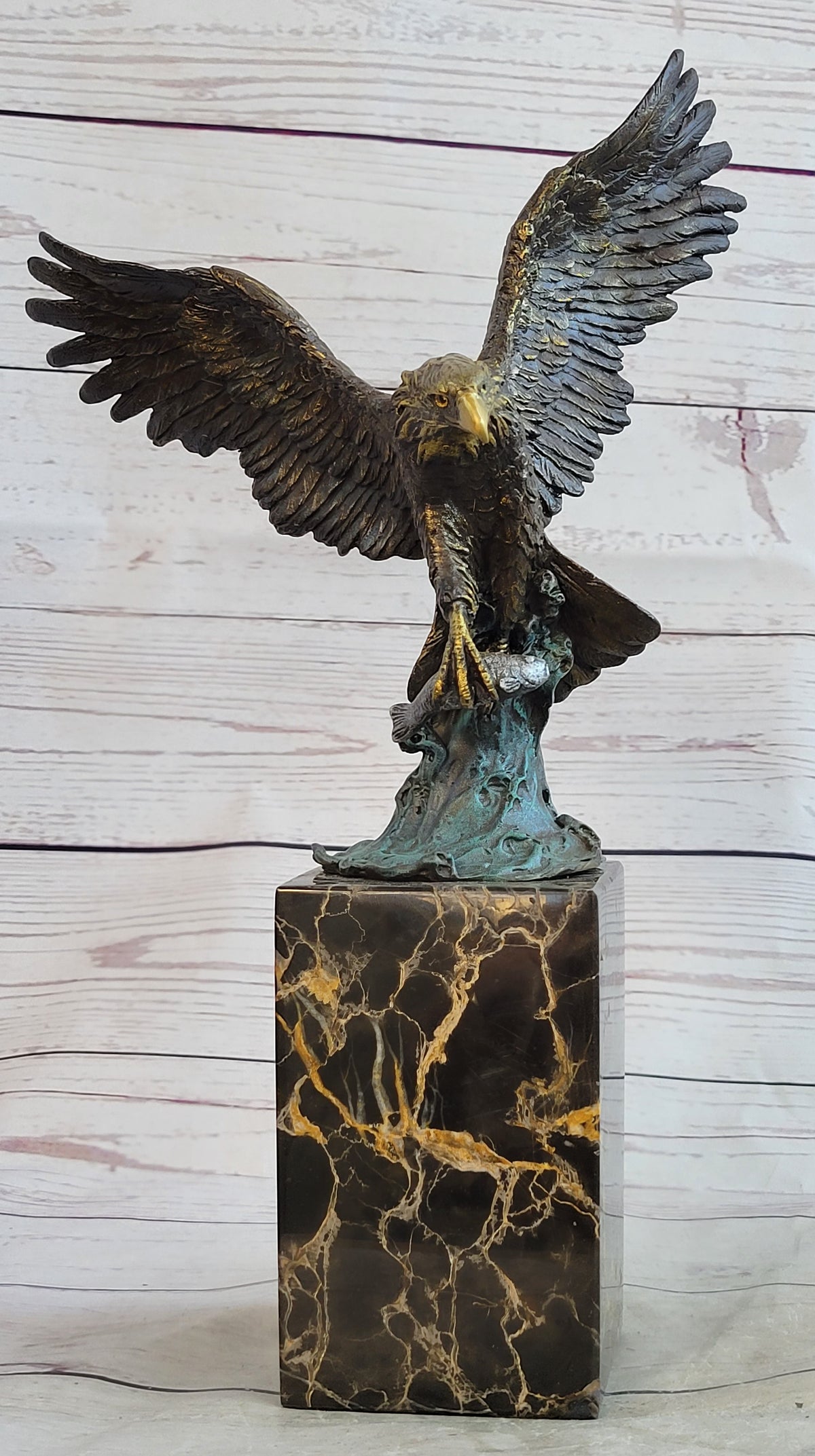 Flying Eagle Catching Fish Bronze Sculpture Signed on Marble Base