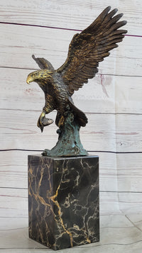 Flying Eagle Catching Fish Bronze Sculpture Signed on Marble Base