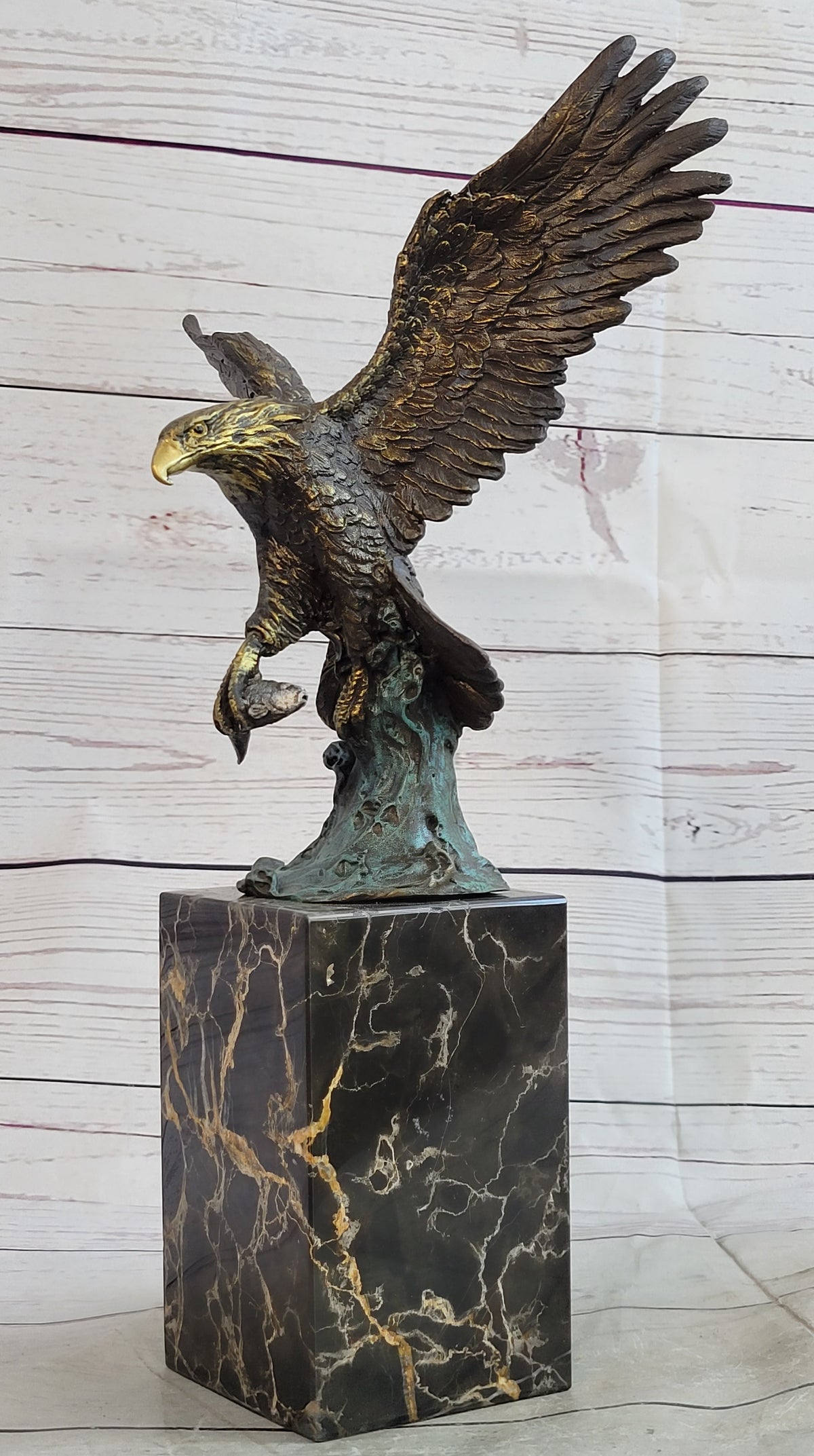 Flying Eagle Catching Fish Bronze Sculpture Signed on Marble Base