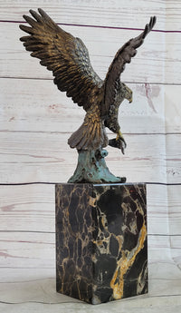 Flying Eagle Catching Fish Bronze Sculpture Signed on Marble Base