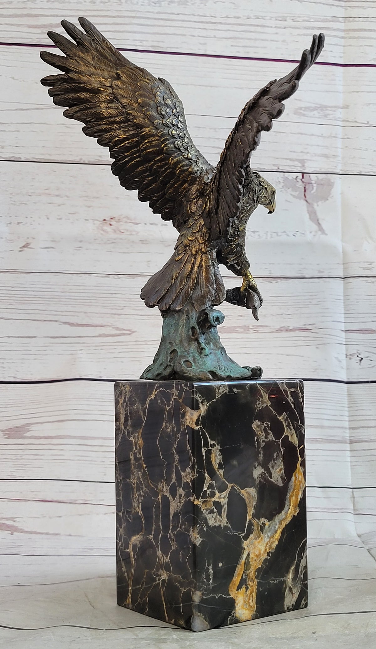 Flying Eagle Catching Fish Bronze Sculpture Signed on Marble Base