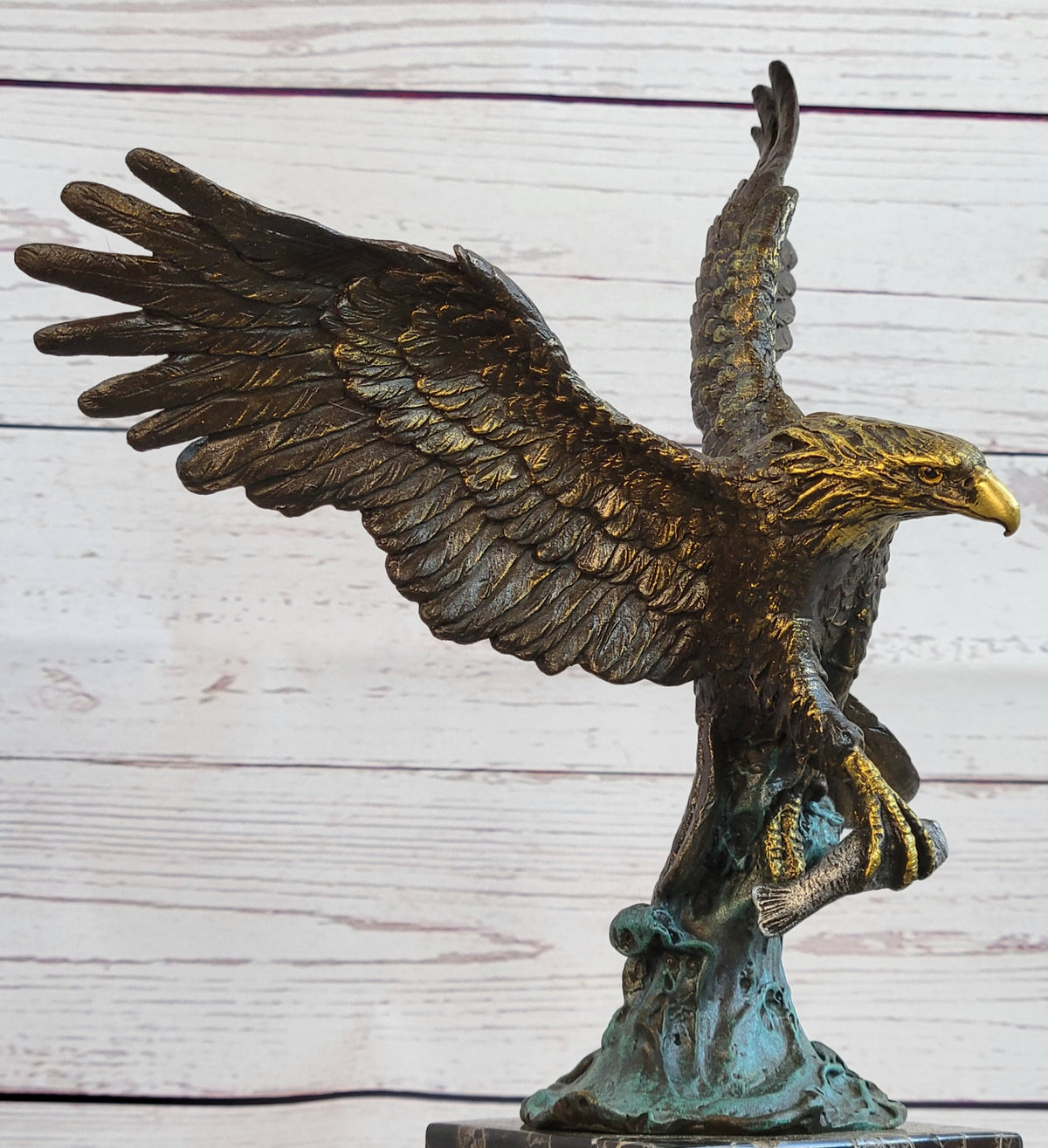 Flying Eagle Catching Fish Bronze Sculpture Signed on Marble Base