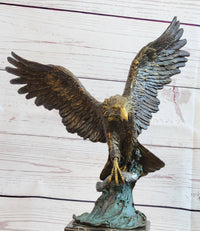 Flying Eagle Catching Fish Bronze Sculpture Signed on Marble Base