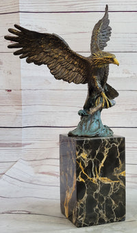 Flying Eagle Catching Fish Bronze Sculpture Signed on Marble Base