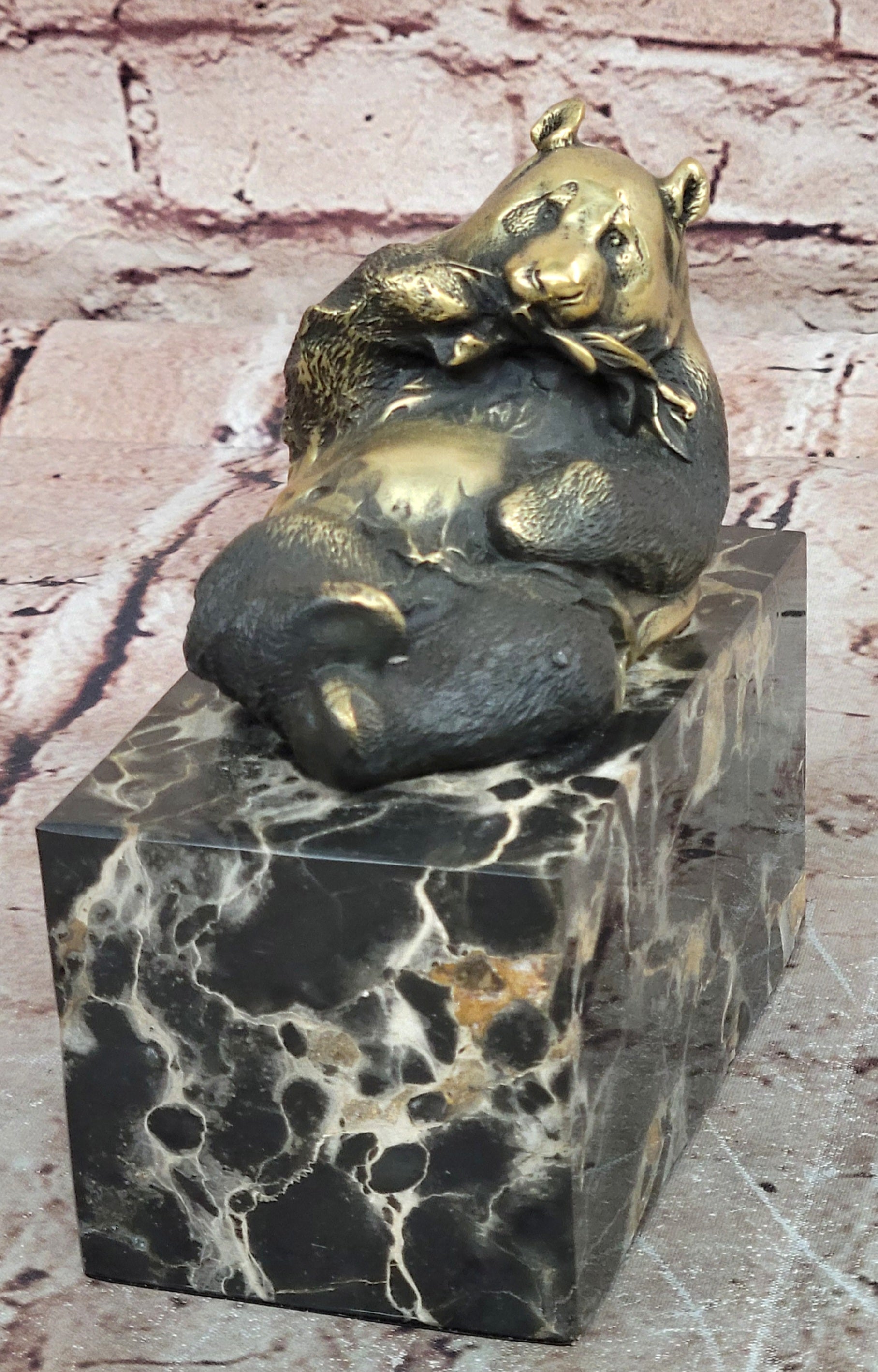 Signed Original Milo Gilded Bronze Lying Panda Statue - Realistic Animal Figurine