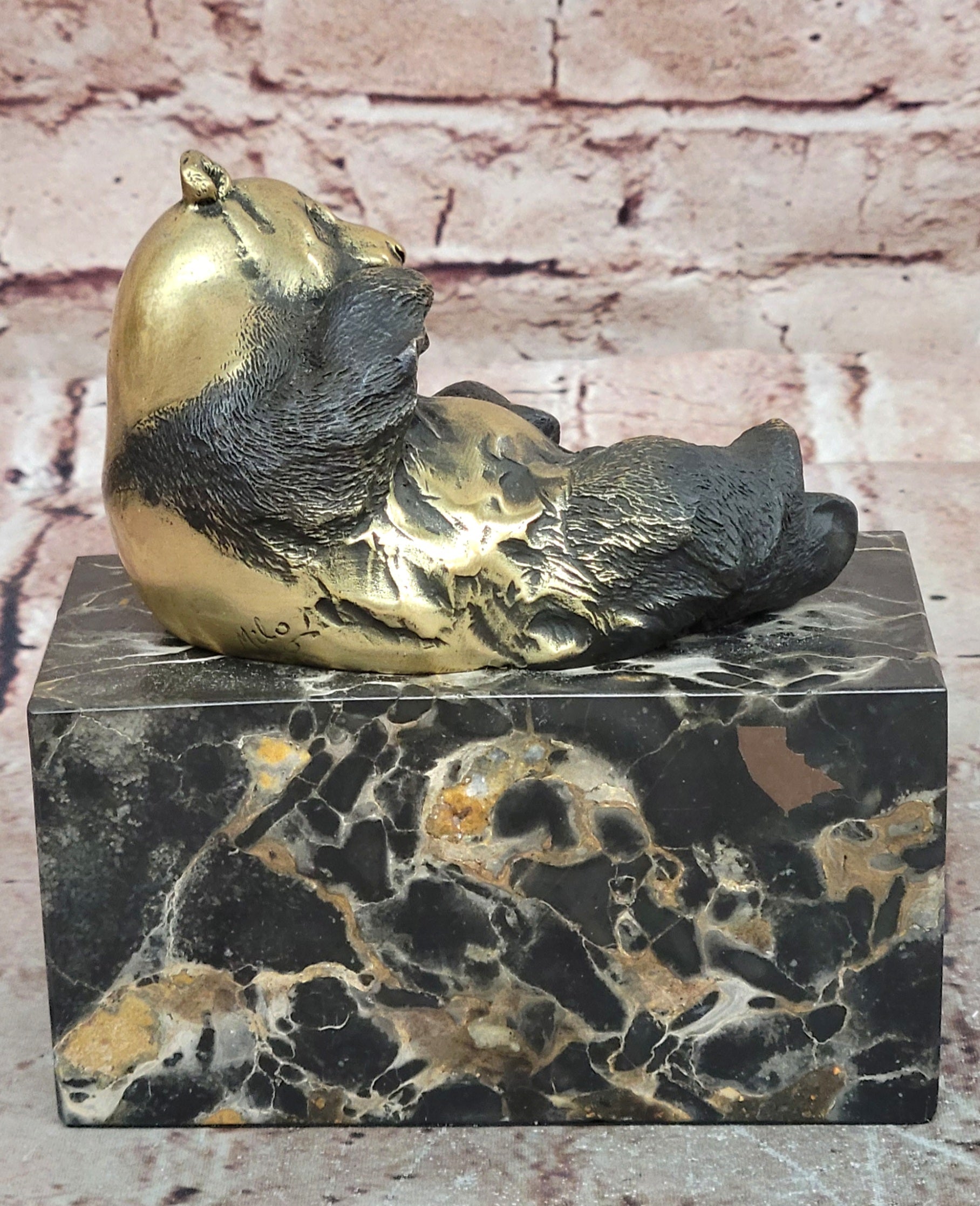 Signed Original Milo Gilded Bronze Lying Panda Statue - Realistic Animal Figurine