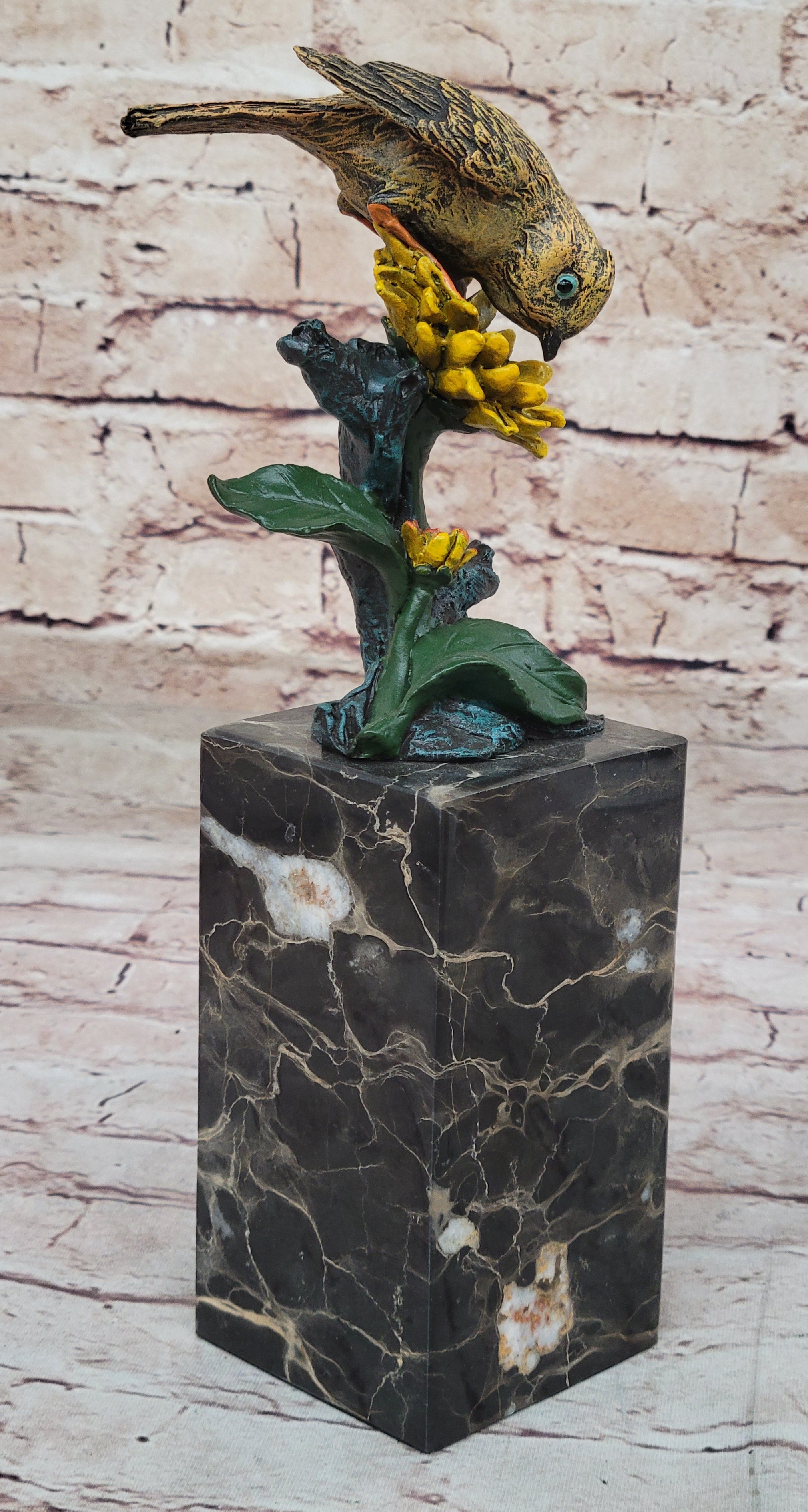 Hot Cast Bronze Sparrow Finch Yellow Bird on Marble - Milo