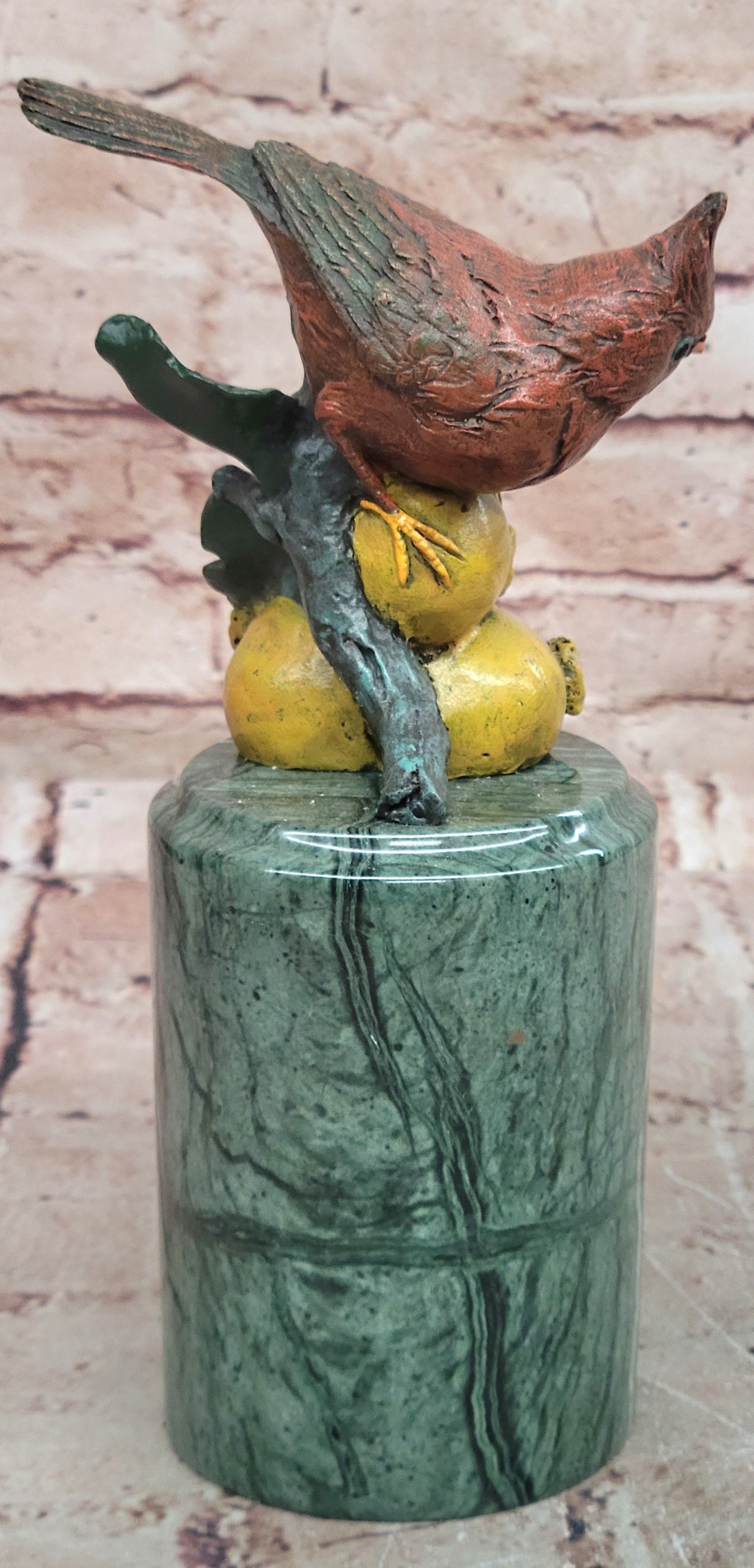 Hand Made Original Milo Cardinal Sitting on Pomegranate Bronze Sculpture Bird