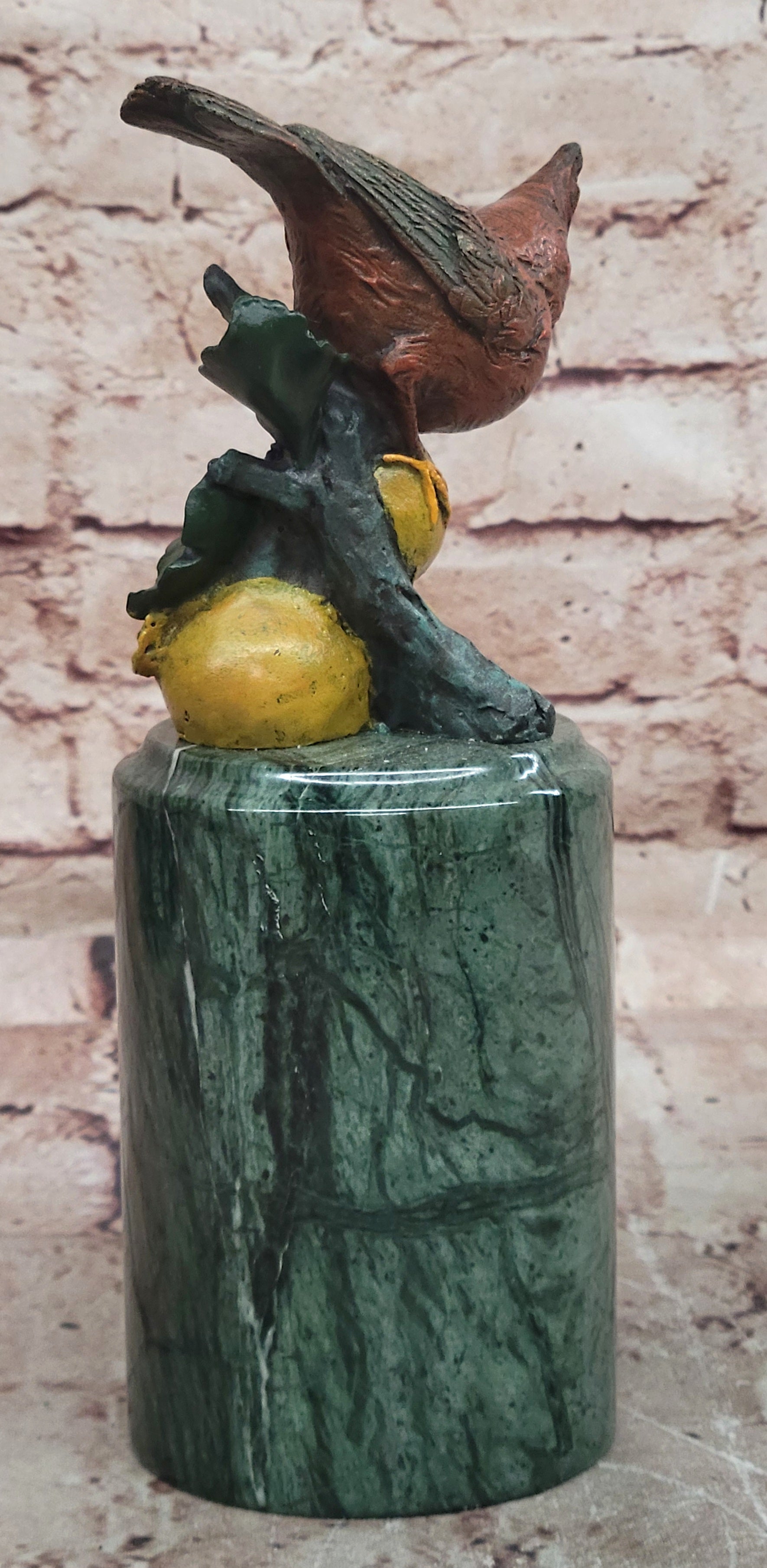 Hand Made Original Milo Cardinal Sitting on Pomegranate Bronze Sculpture Bird